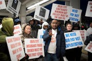 Yussuf Haji spoke during a protest of rideshare drivers at the Minneapolis-St. Paul International Airport Terminal 1 in Bloomington. The drivers were 