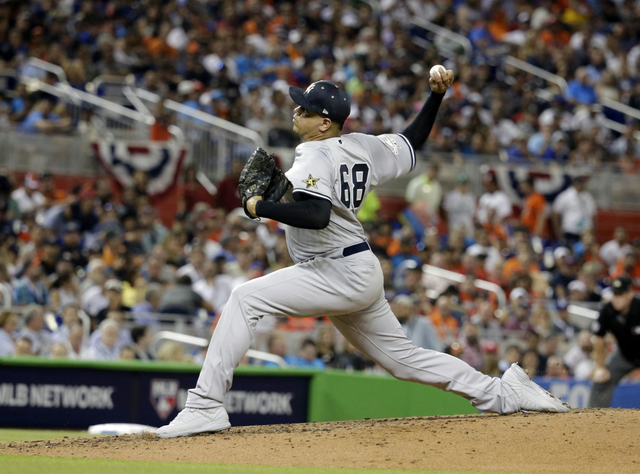 American League's New York Yankees pitcher Dellin Betances (68), delivers a pitch, during the third inning at the MLB baseball All-Star Game, Tuesday, July 11, 2017, in Miami.
