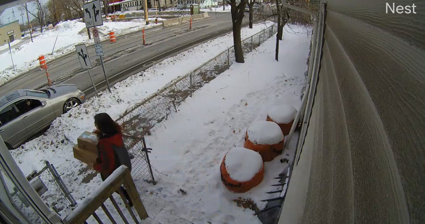 A suspected package thief was caught on a home surveillance camera in this video shared to a St. Paul crime watch Facebook group.