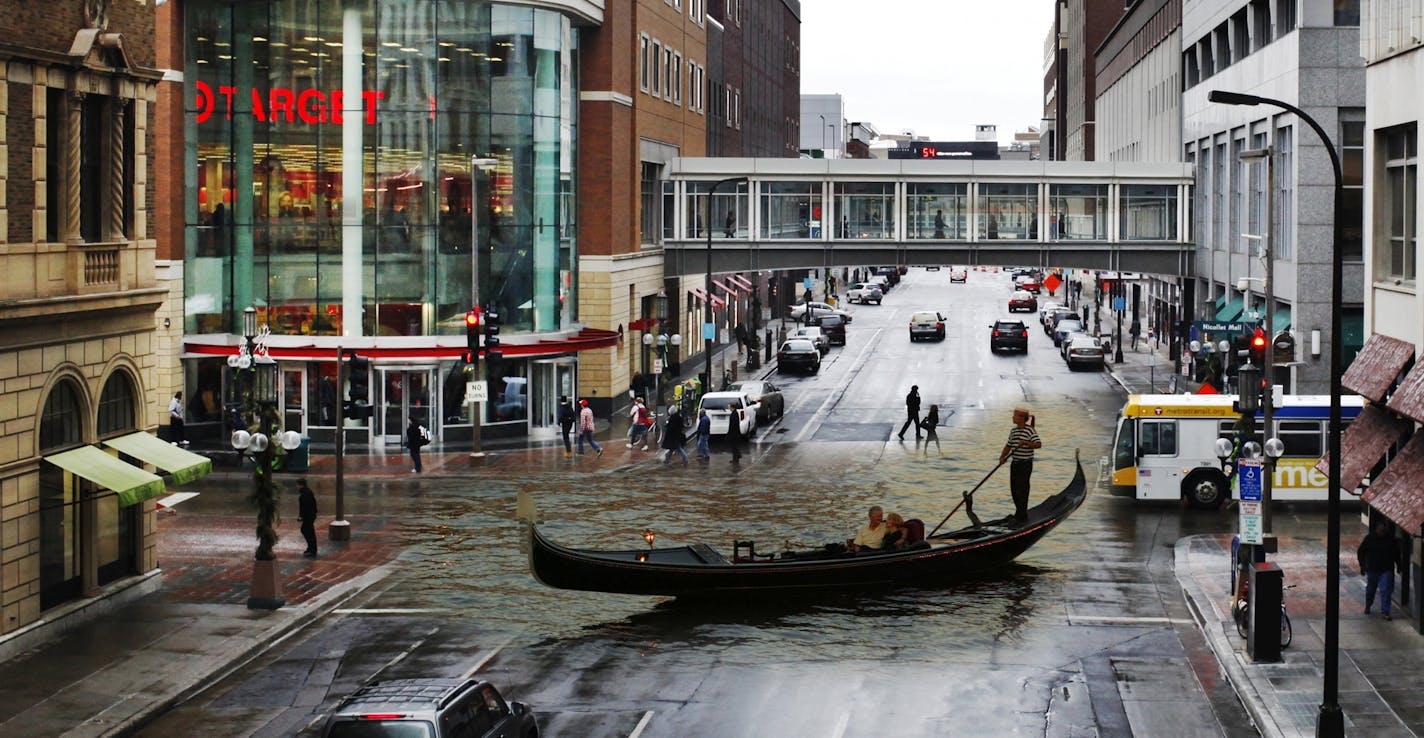 Photo illustration: Minneapolis and its skyways are like Venice and its gondolas.