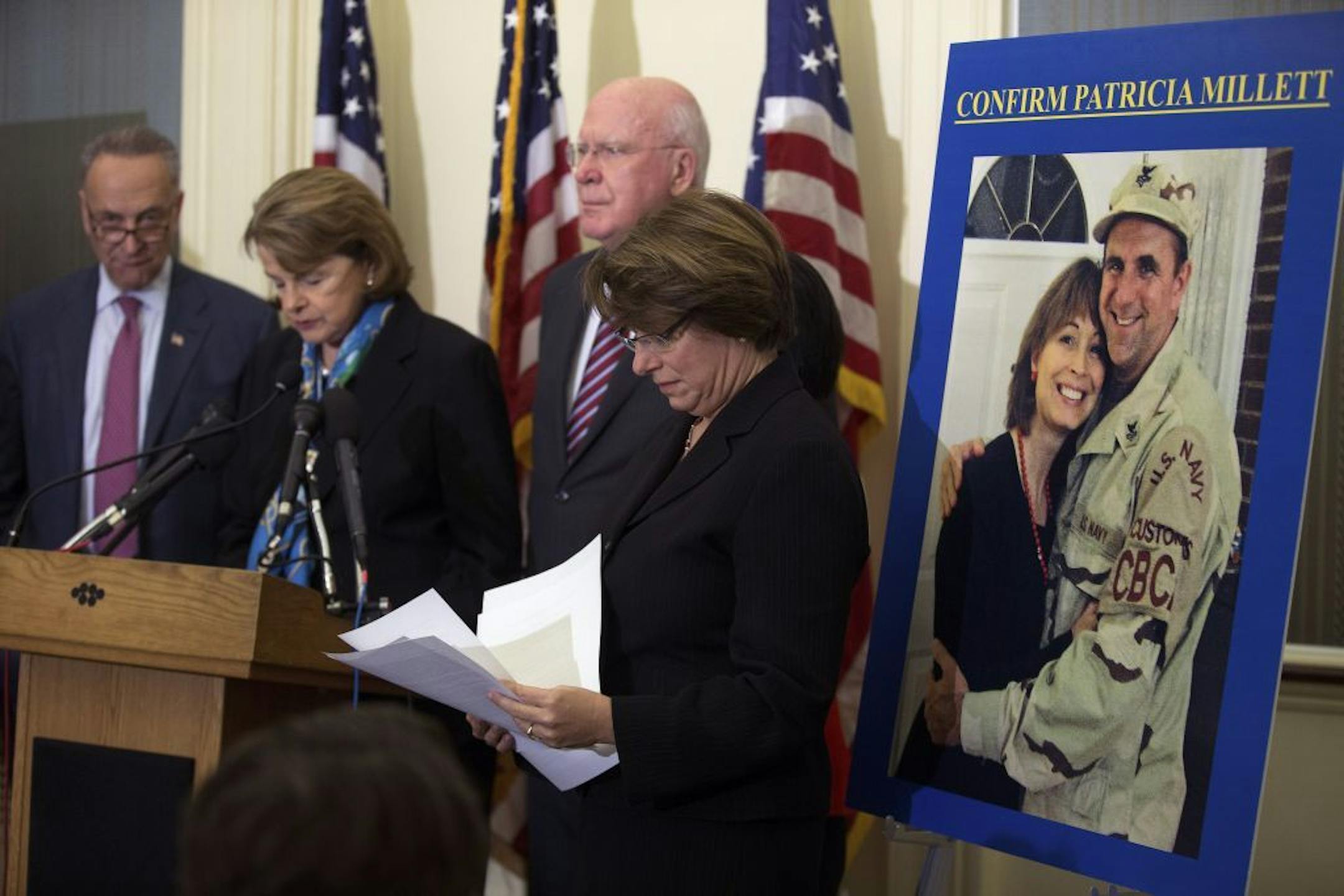 From left: Sens. Chuck Schumer (D-N.Y.), Diane Feinstein (D-Calif.), Patrick Leahy (D-Vt.), and Amy Klobuchar (D-Minn.) at a news conference about President Obama's judicial nominee, Patricia Millett, to fill a vacancy on the United States Court of Appeals for the District of Columbia Circuit, at the Capitol in Washington, Oct. 29, 2013.