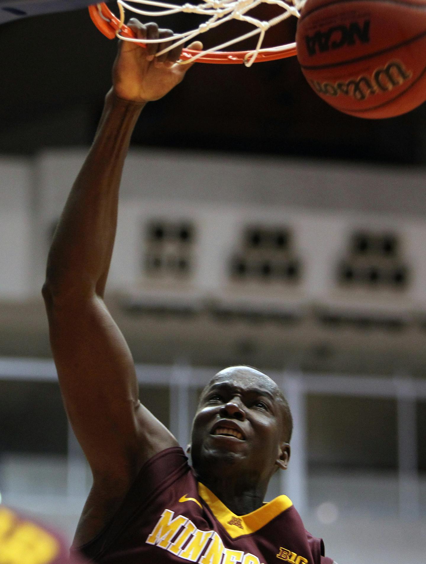 Minnesota center Bakary Konate slams dunk the ball during the Puerto Rico Tip-Off college basketball tournament against Missouri St. in San Juan, Friday, Nov. 20, 2015. (AP Photo/Ricardo Arduengo)