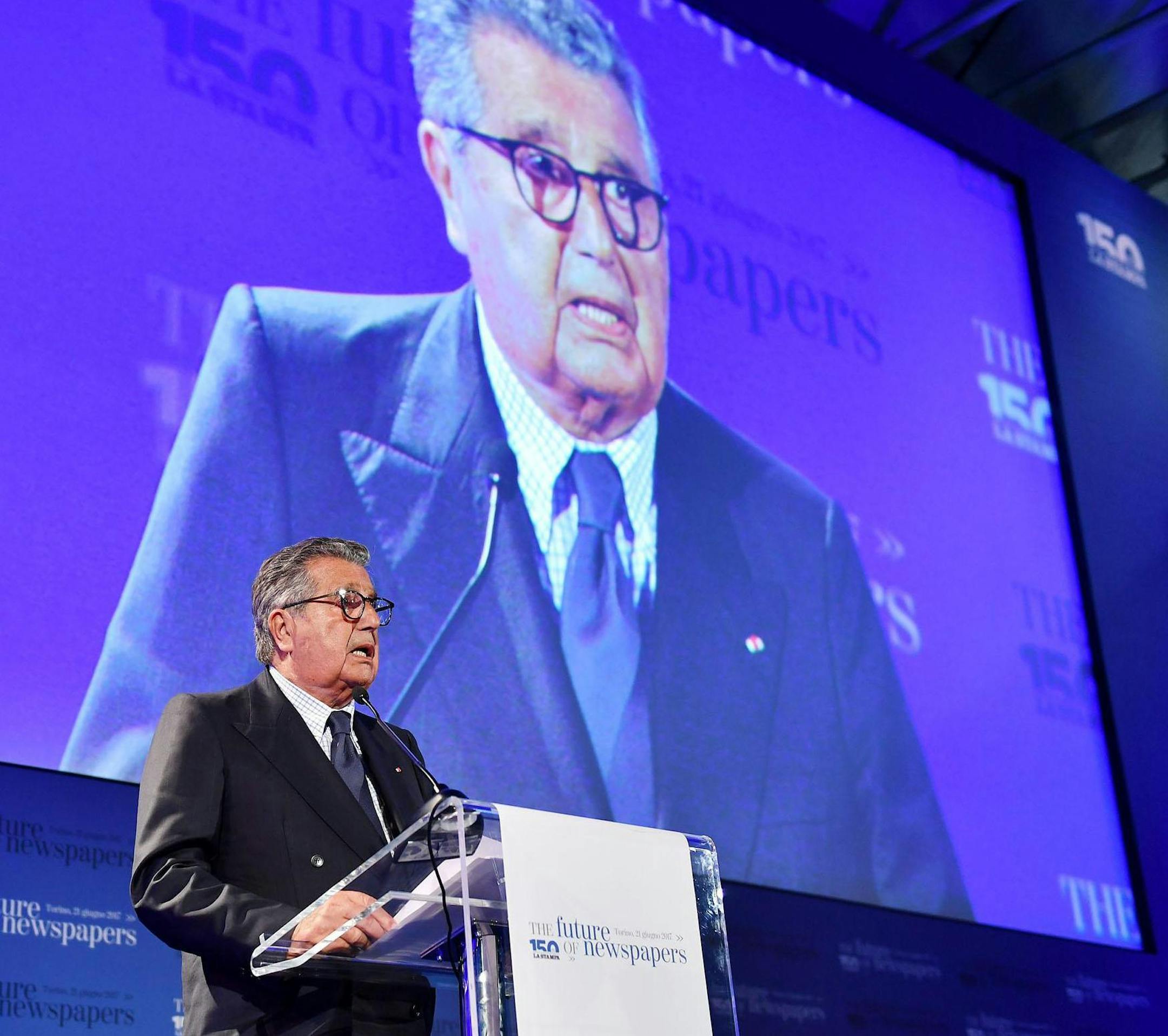 Carlo De Benedetti, President of GEDI Gruppo Editoriale, during the meeting 'The Future of Newspapers' with the leading world players in the information industry, on the occasion of the 150 years of Italian newspaper "La Stampa" in Turin, Italy, 21 June 2017.
ANSA/ALESSANDRO DI MARCO (ANSA via AP)