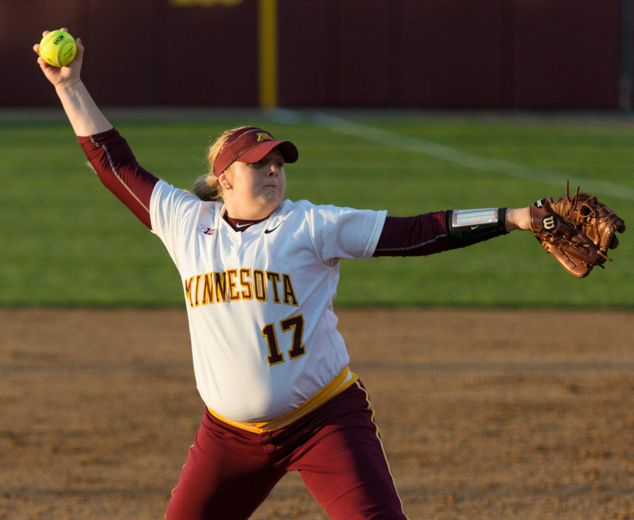 Sara Groenewegan pitches during the game against Nebraksa Friday night at Jane Sage Cowles Stadium. Gophers won 6-0. ] Elizabeth Brumley special to the Star Tribune