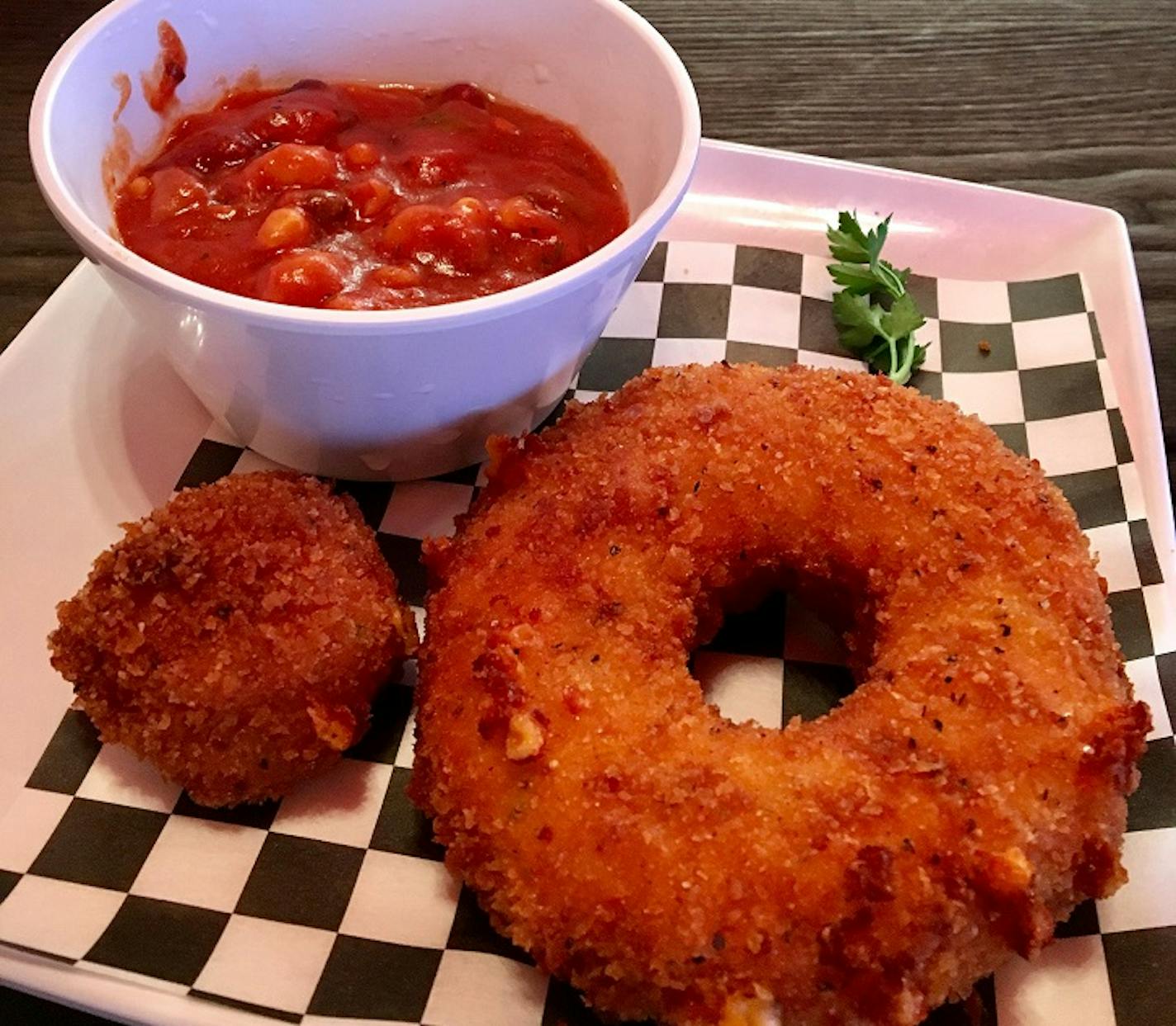 Glam Doll mac n' cheese donut with chili.