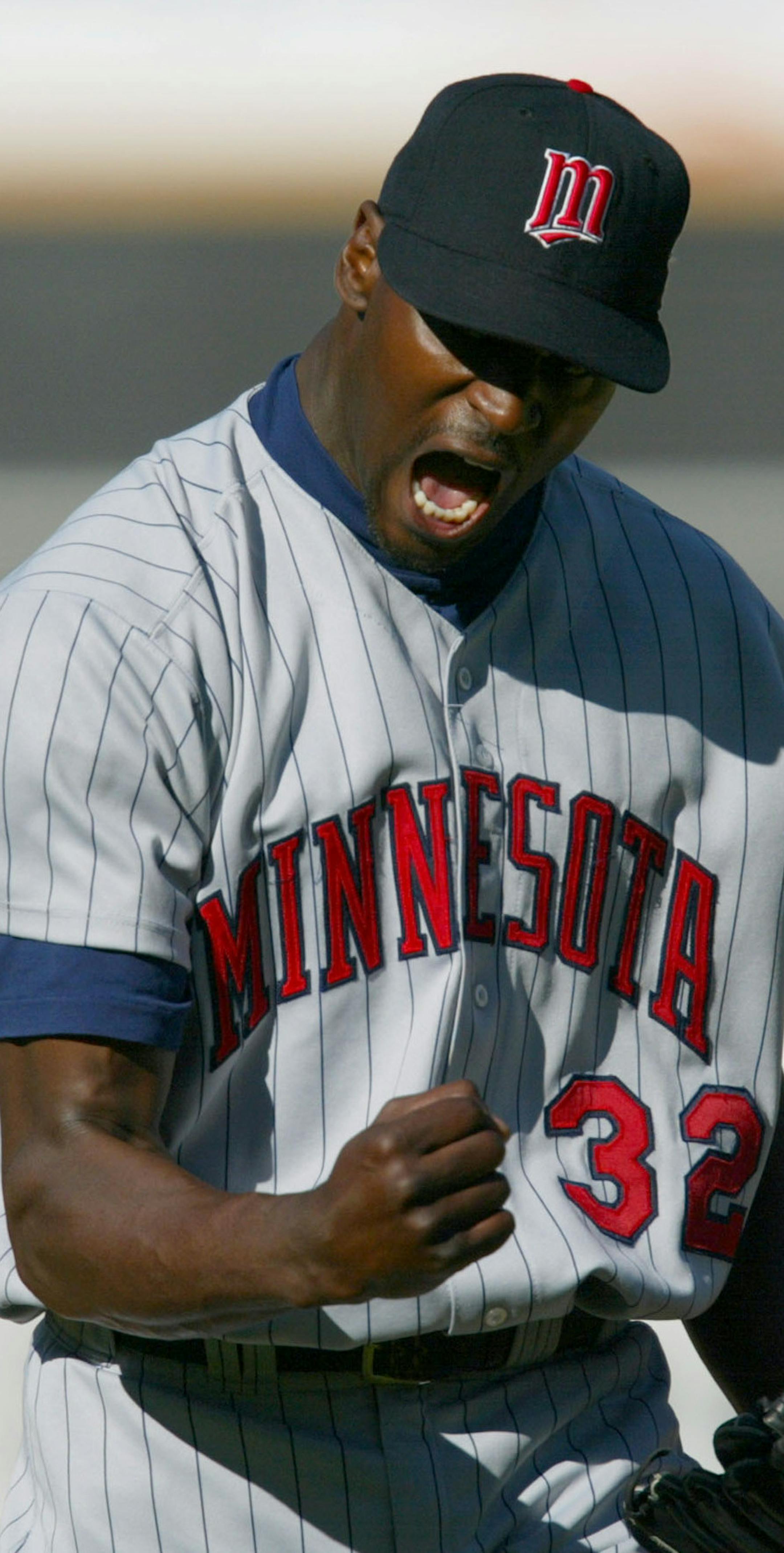 OAKLAND - 10/6/02 - The Twins beat the Oakland A's 5 - 4 Sunday afternoon at Network Associates Coliseum in Oakland to advance to the American League Championship Series for the first time since 1991.
IN THIS PHOTO: Twins reliever LaTroy Hawkins reacts to striking out the A's Adam Piatt for the final out of the eighth inning Sunday afternoon. Piatt was pinch hitting for Scott Hatteberg.