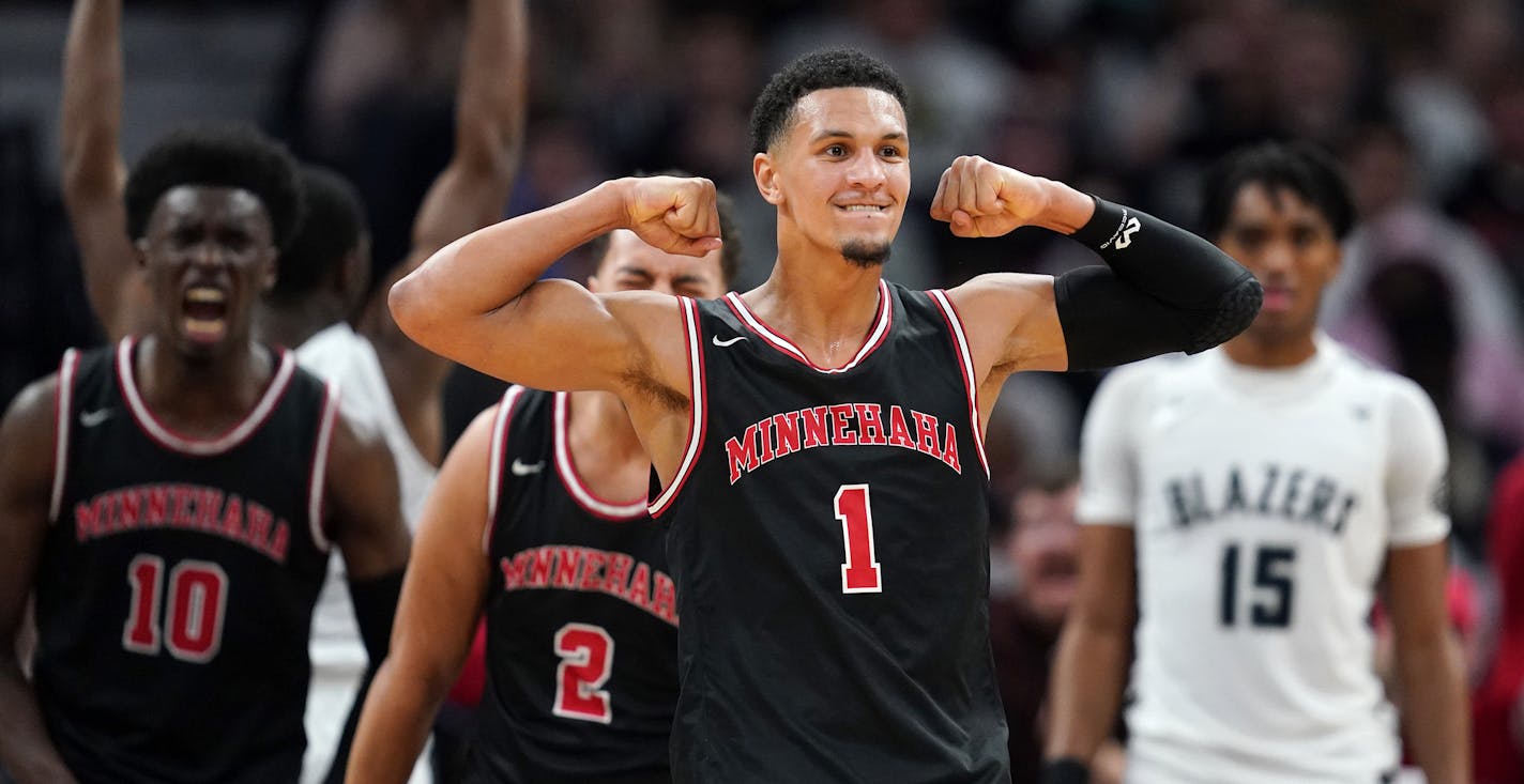 Minnehaha guard Jalen Suggs (1) celebrated after getting a basket and drawing the foul in the second half. ] ANTHONY SOUFFLE &#x2022; anthony.souffle@startribune.com Minnehaha Academy played Sierra Canyon in an ESPN televised boys' basketball showcase game Saturday, Jan. 4, 2020 at Target Center in Minneapolis.