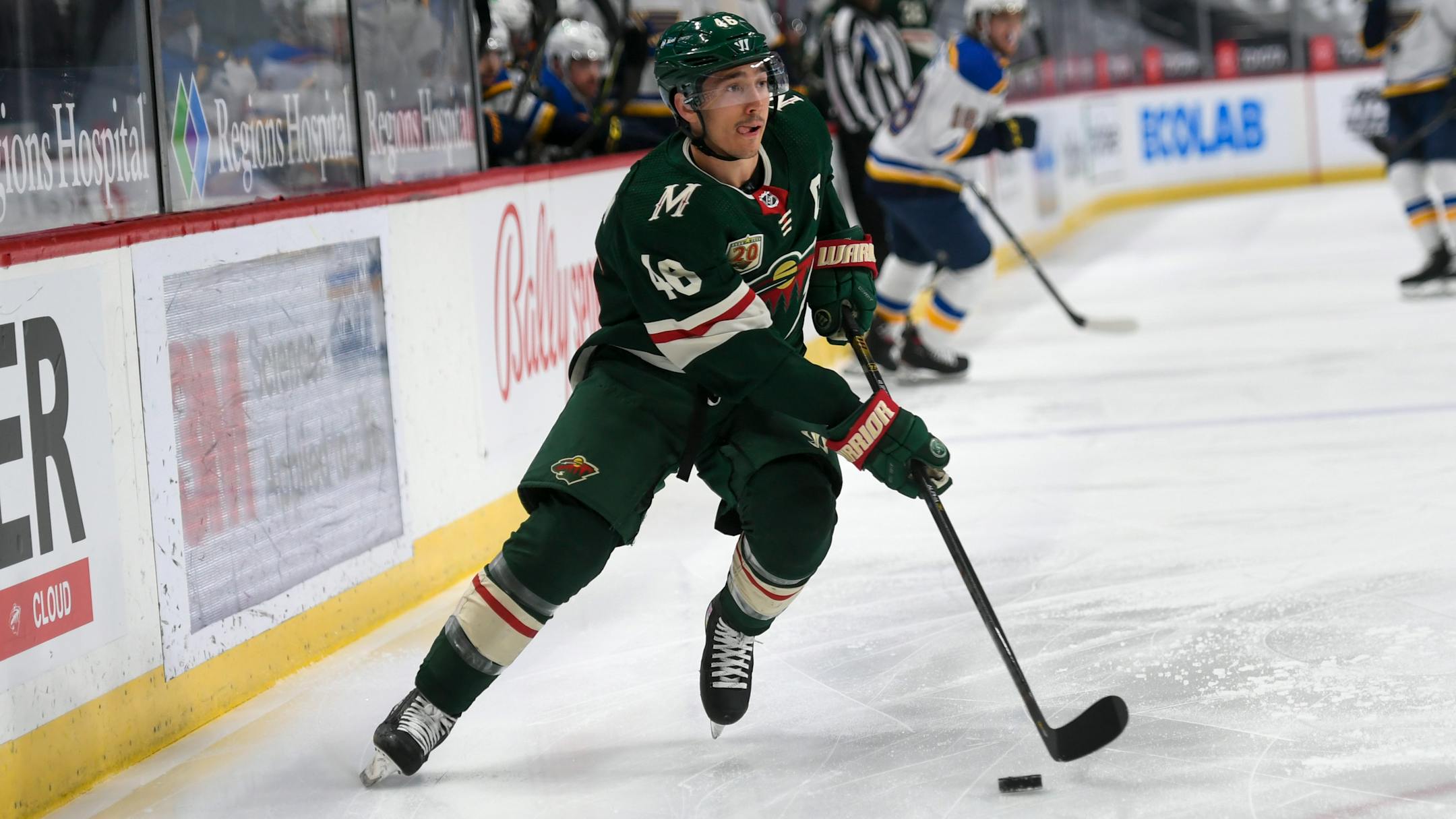 Minnesota Wild defenseman Jared Spurgeon in acton against the St. Louis Blues in the first period during of an NHL hockey game Saturday, May 1, 2021, in St. Paul, Minn. The Wild won 4-3 in overtime. (AP Photo/Craig Lassig)