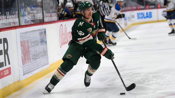 Minnesota Wild defenseman Jared Spurgeon in acton against the St. Louis Blues in the first period during of an NHL hockey game Saturday, May 1, 2021, 