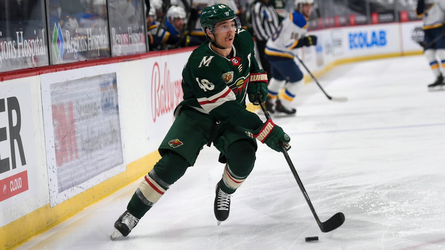 Minnesota Wild defenseman Jared Spurgeon in acton against the St. Louis Blues in the first period during of an NHL hockey game Saturday, May 1, 2021, in St. Paul, Minn. The Wild won 4-3 in overtime. (AP Photo/Craig Lassig)