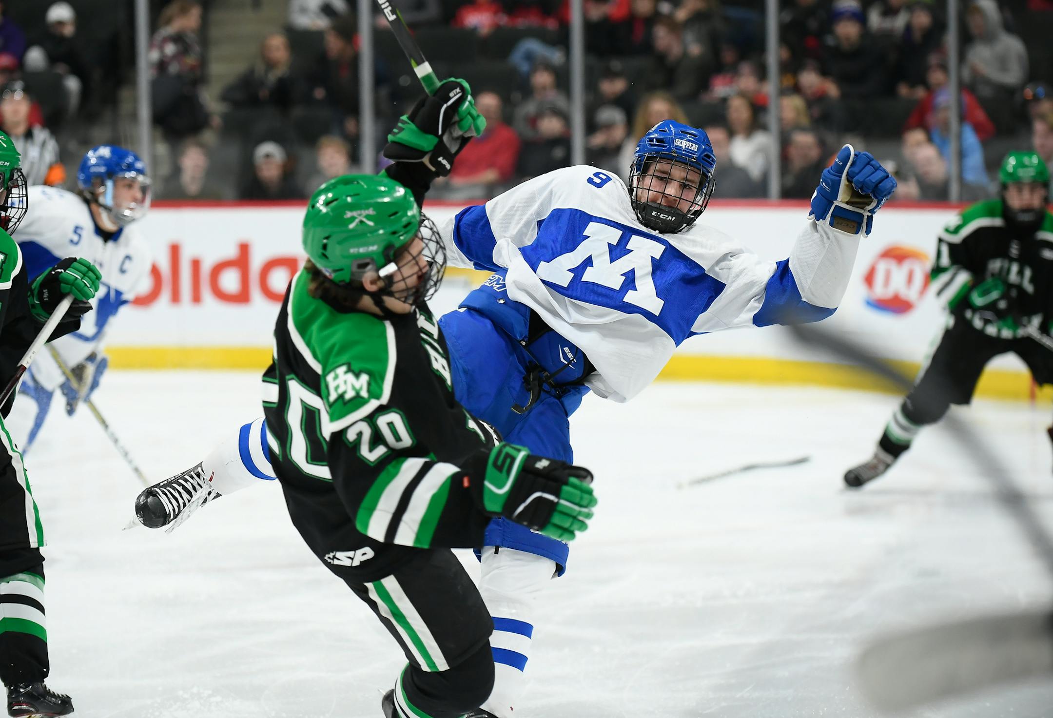 Minnetonka forward Bobby Brink (9) and Hill-Murray defenseman Seamus O. Regan (20) collided in the second period. ] AARON LAVINSKY ï aaron.lavinsky@startribune.com Hill-Murray played Minnetonka in the Class 2A boysí hockey quarterfinals on Thursday, March 8, 2018 at the Xcel Energy Center in St. Paul, Minn.