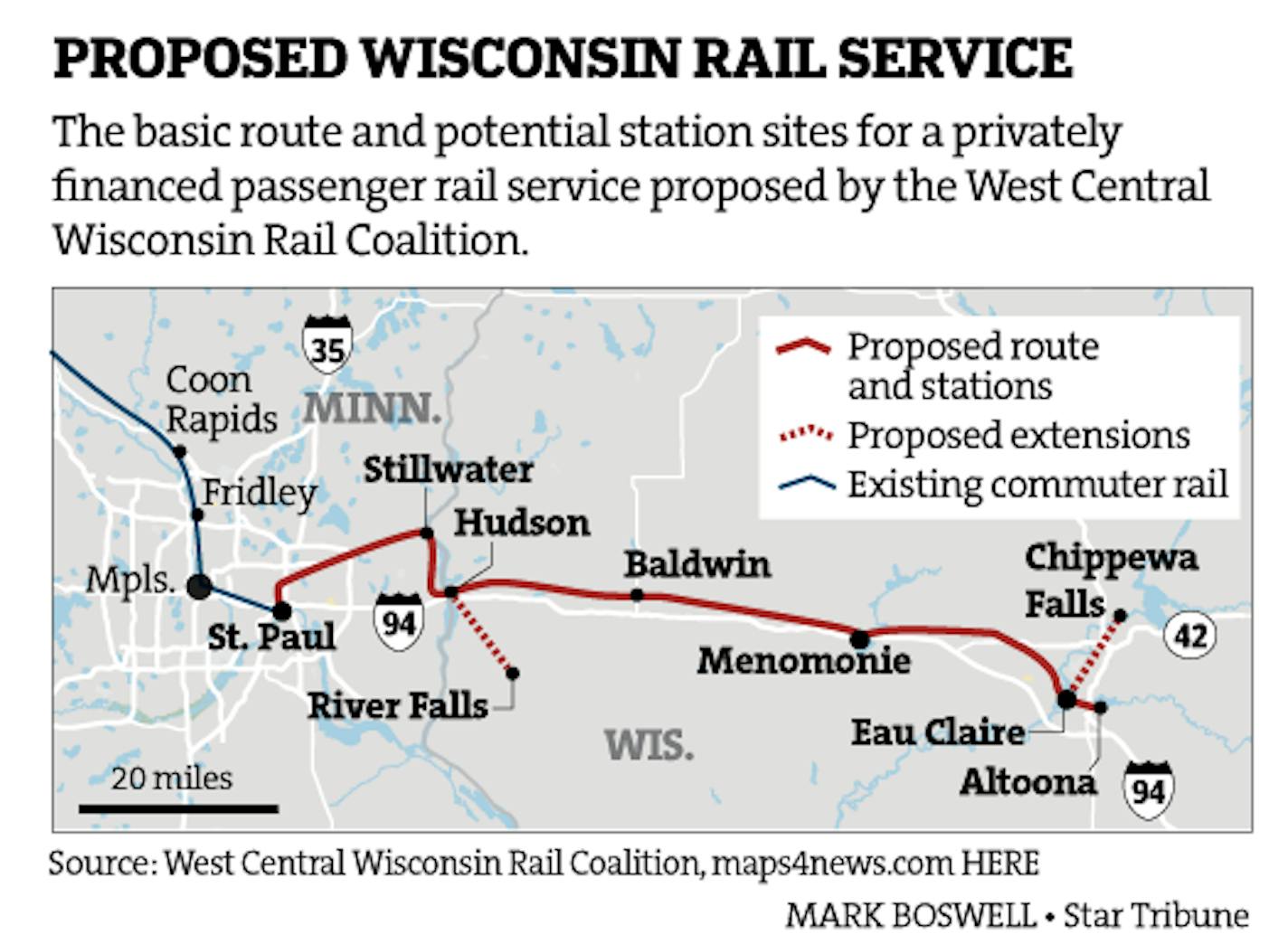 The proposed route for train service between Wisconsin and St. Paul.