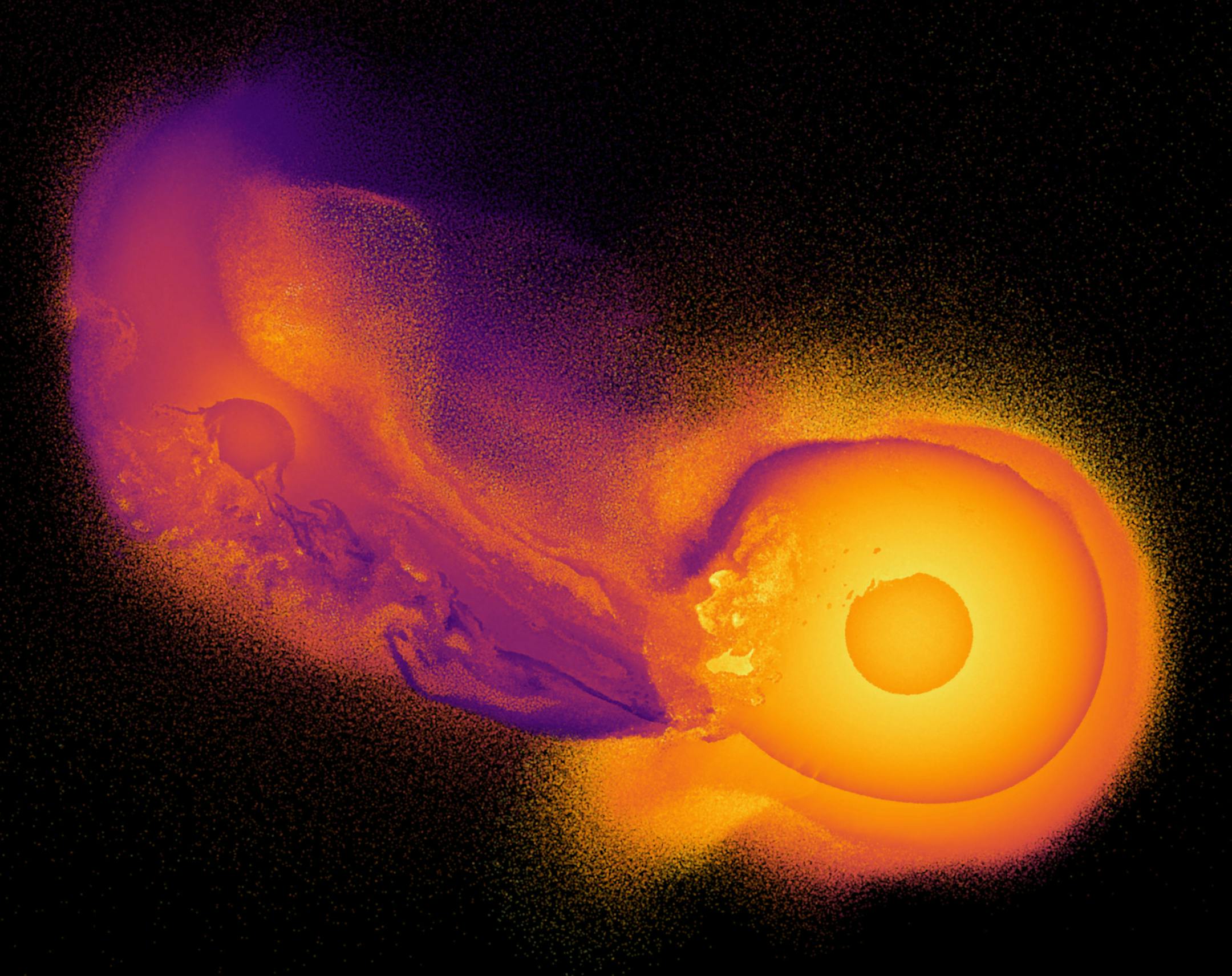 This image made from video provided by Durham University astronomy researcher Jacob Kegerreis shows a computer simulation generated by the open-source code SWIFT that depicts an object crashing into the planet Uranus. Kegerreis says the detailed simulations show that the collision and reshaping of Uranus 3 billion to 4 billion years ago likely caused the massive planet to tilt about 90 degrees on its side. (Jacob A. Kegerreis/Durham University via AP)