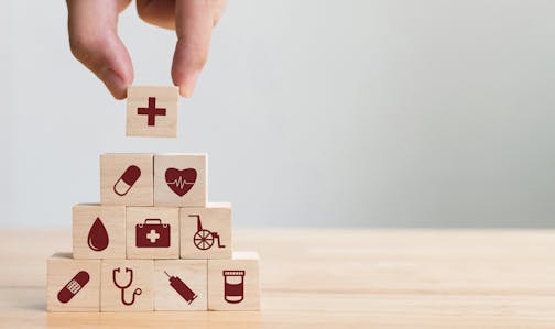 Hand arranging wood block stacking with icon healthcare medical, Insurance for your health concept