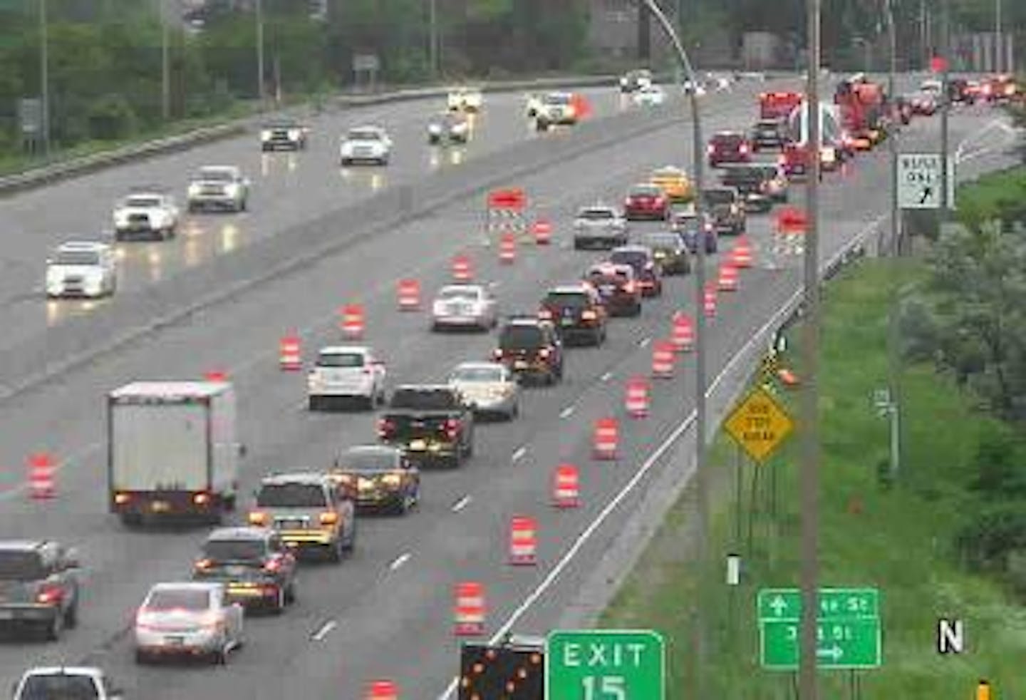 Traffic bunched up on northbound I-35W near 33rd Street where the freeway was reduced to two lanes as part of a major road construction project that includes the closure of exits into downtown Minneapolis.