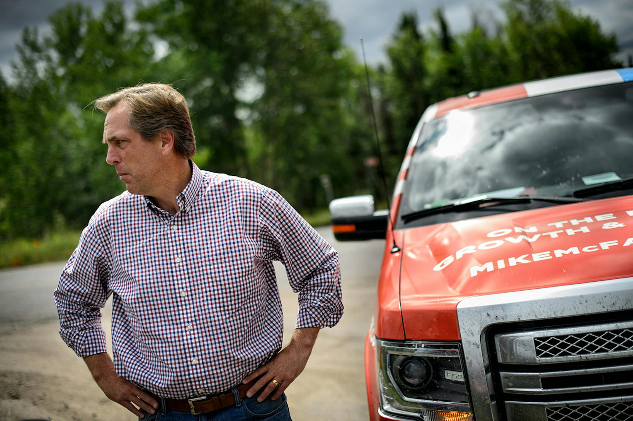 GOP Senate candidate Mike McFadden stopped at the entrance to PolyMet Mine in Hoyt Lakes, Minn. He is in favor of opening PolyMet but has been criticized for not supporting U.S. steel over cheaper government subsidized Chinese steel. Politicians were not allowed to be photographed on mine property. ] Aurora, MN -- Wednesday, August 20, 2014. GLEN STUBBE * gstubbe@startribune.com