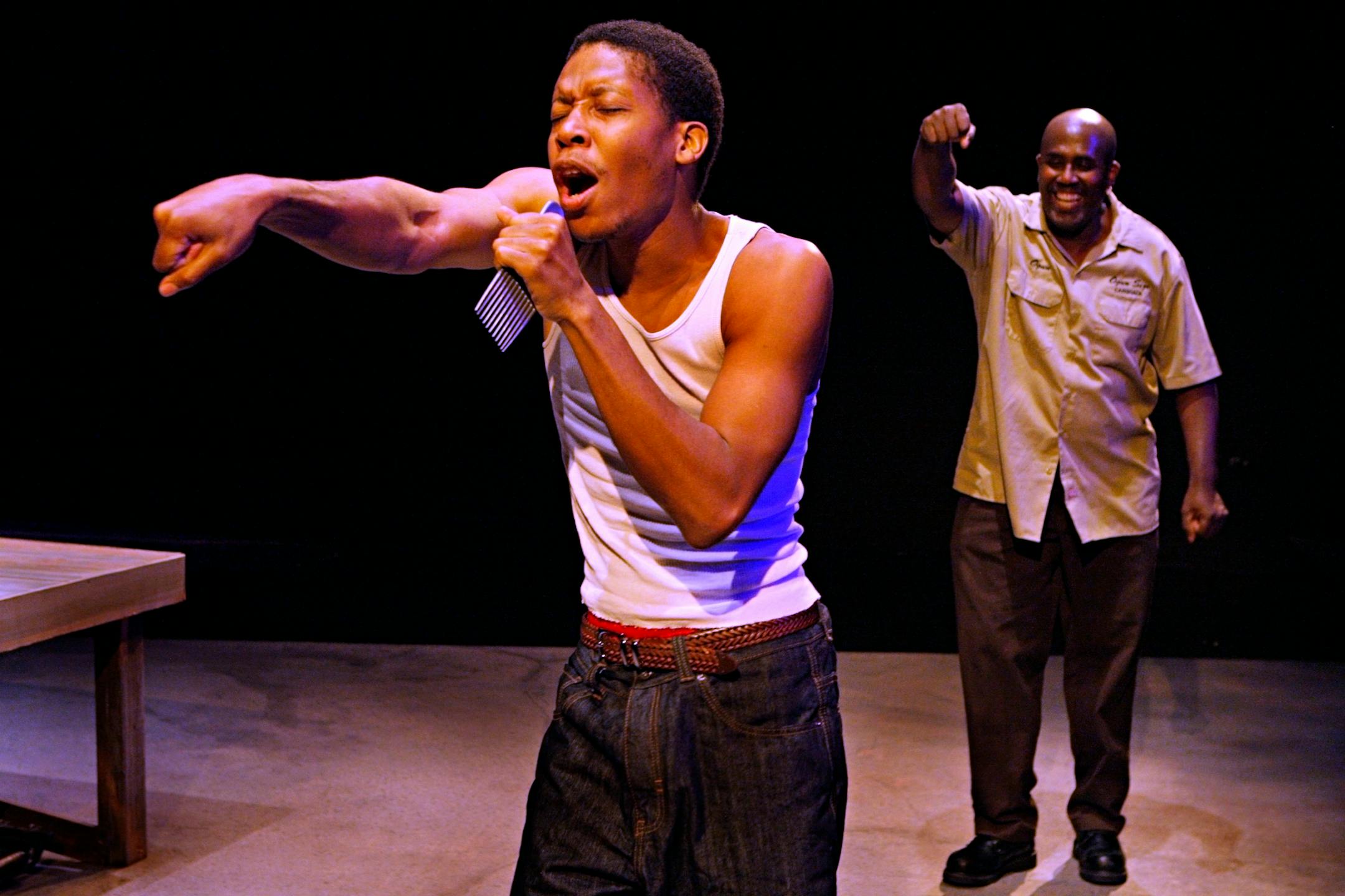 Namir Smallwood, left and James A. Williams in "The Brothers Size" at the Guthrie.