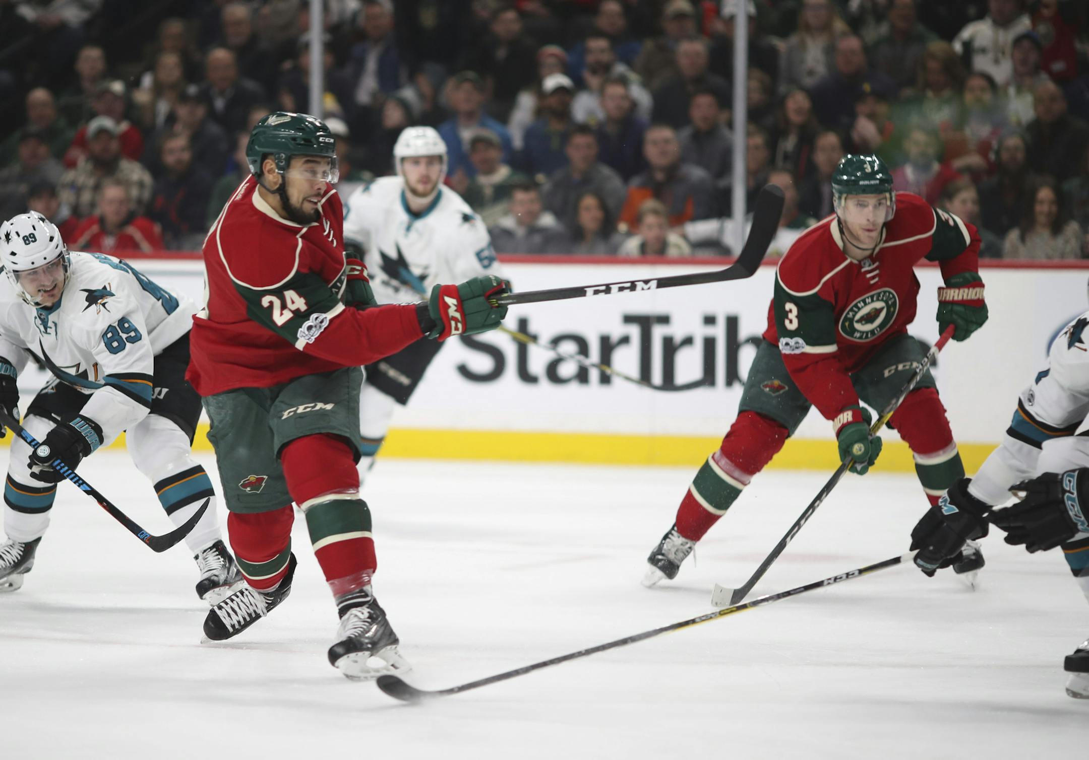 Minnesota Wild defenseman Matt Dumba (24) followed through on his first period shot on a power play that scored. ] JEFF WHEELER ï jeff.wheeler@startribune.com The MInnesota Wild faced the San Jose Sharks in an NHL hockey game Tuesday night, March 21, 2017 at Xcel Energy Center in St. Paul.