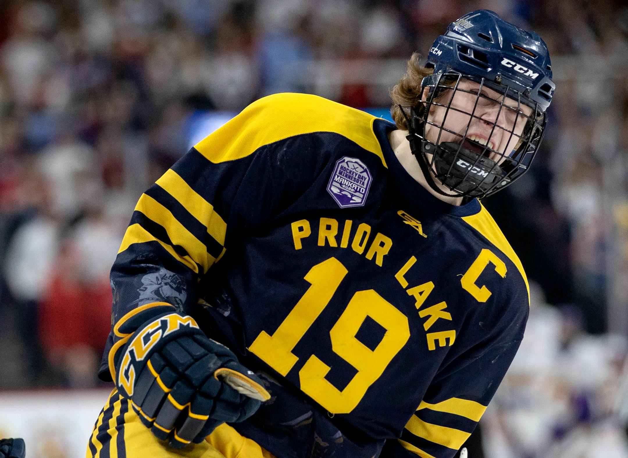 Alex Bump (19) of Prior Lake celebrates after a goal in the first period during the quarterfinals for Class 2A, Thursday, March 10, at Xcel Energy Center in St. Paul, Minn. Bump had a hat trick in the first period. CARLOS GONZALEZ • cgonzalez@startribune.com