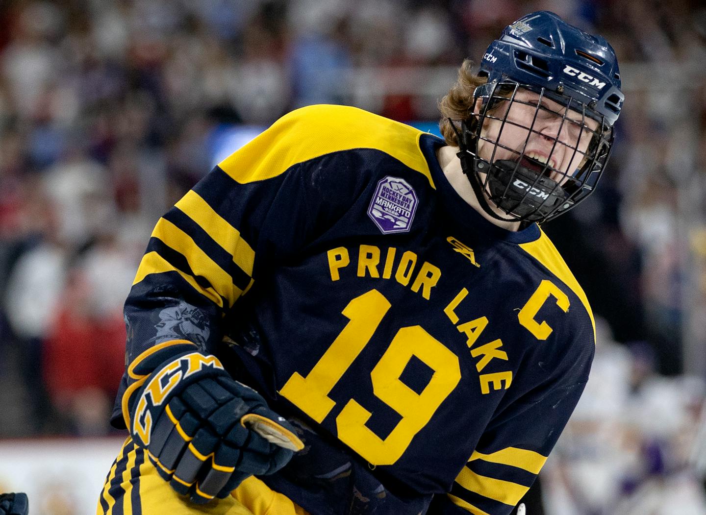 Alex Bump (19) of Prior Lake celebrates after a goal in the first period during the quarterfinals for Class 2A, Thursday, March 10, at Xcel Energy Center in St. Paul, Minn. Bump had a hat trick in the first period. CARLOS GONZALEZ • cgonzalez@startribune.com