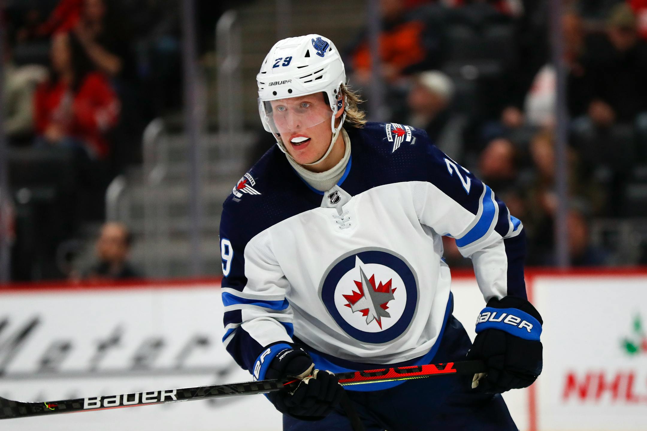 Winnipeg Jets right wing Patrik Laine plays against the Detroit Red Wings in the second period of an NHL hockey game Thursday, Dec. 12, 2019, in Detroit. (AP Photo/Paul Sancya)