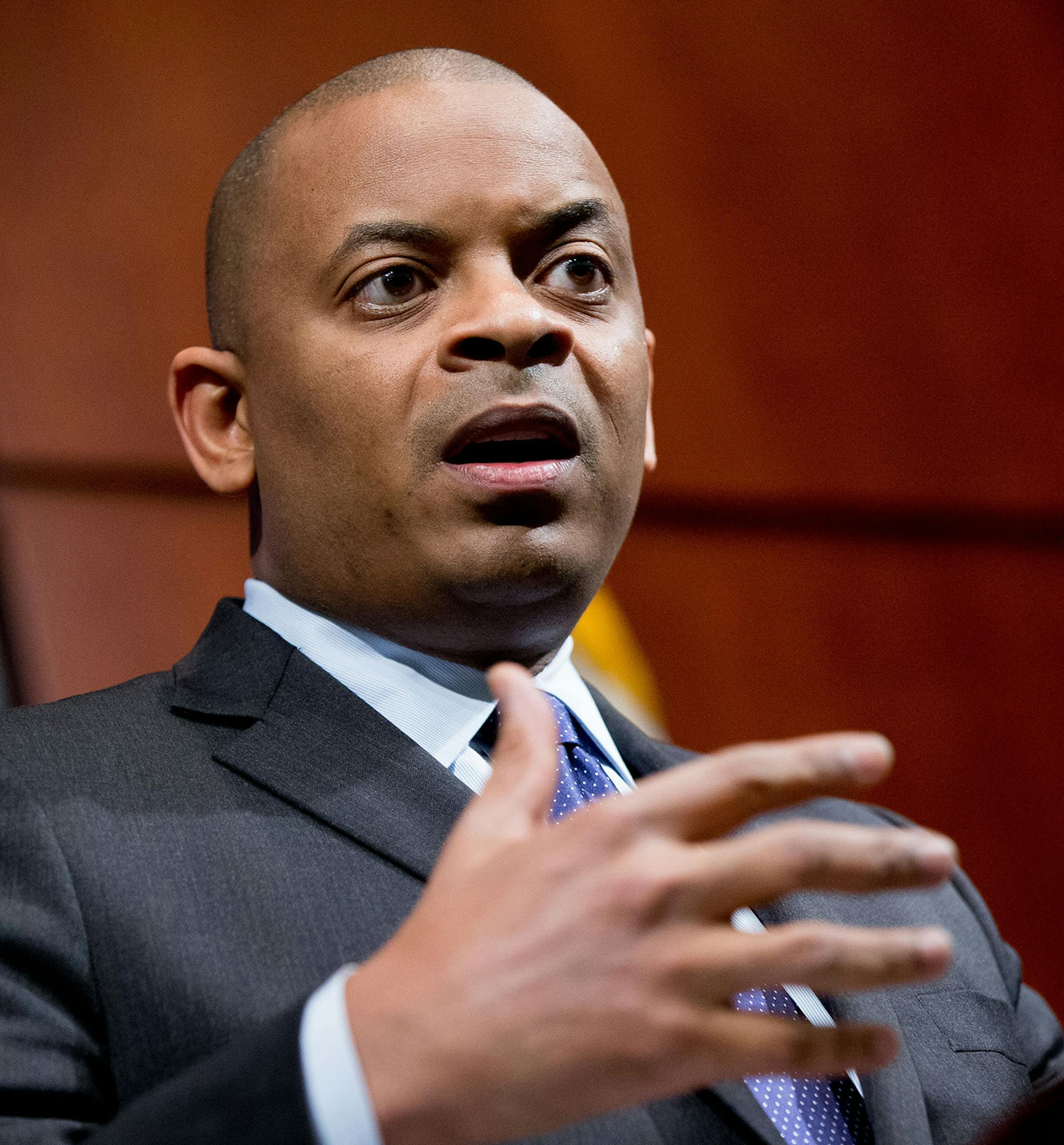 Transportation Secretary Anthony Foxx speaks at a news conference at the Department of Transportation in Washington, Monday, Oct. 19, 2015, where he announced the creation of a task force to develop recommendations for a registration process for Unmanned Aircraft Systems (UAS). (AP Photo/Andrew Harnik) ORG XMIT: MIN2015102014332039