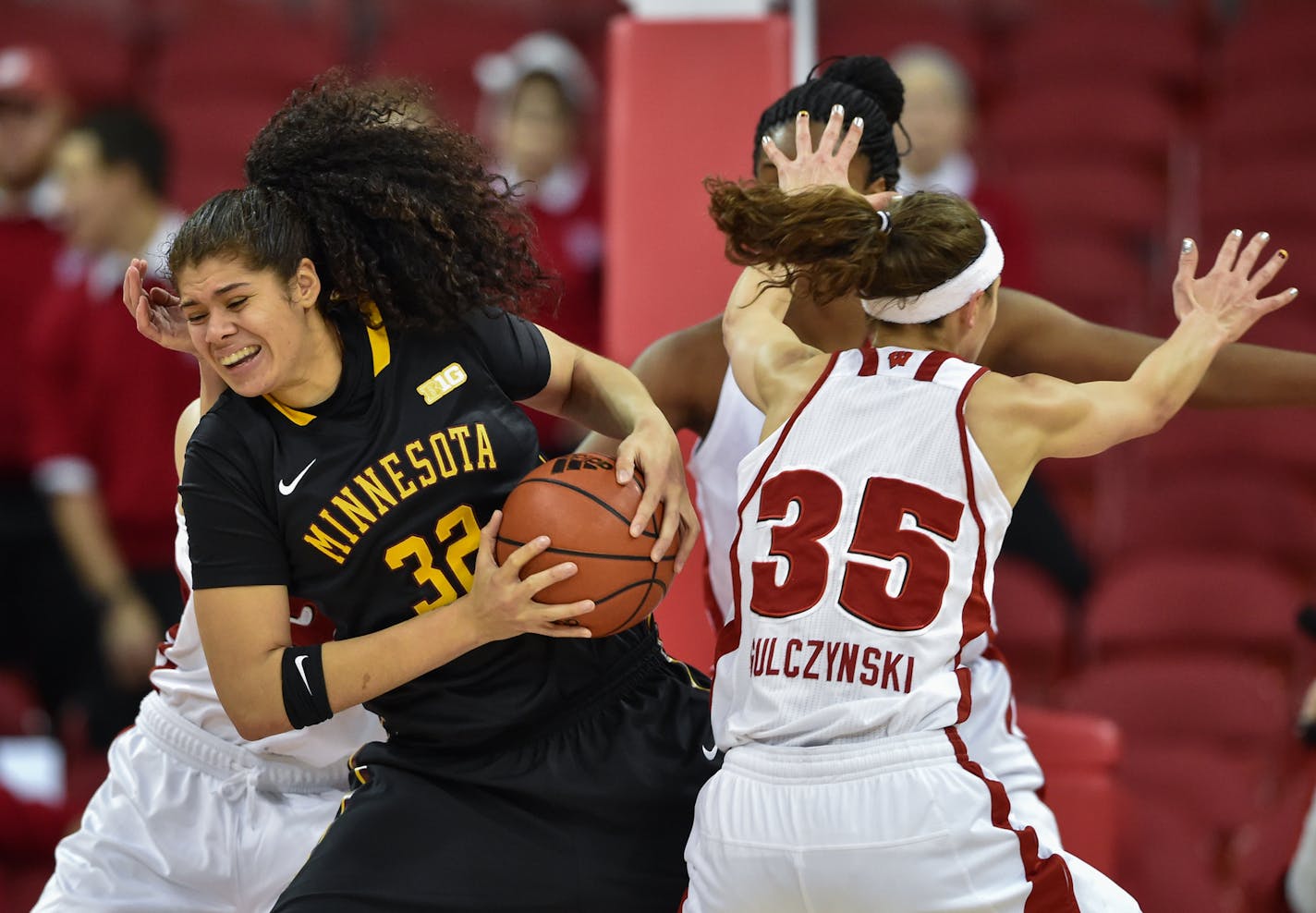 Gophers women's basketball center Amanda Zahui B. tried to fight through three Wisconsin defenders during the Gophers' 72-60 victory over the Badgers on Sunday, Jan. 4, 2015, at the Kohl Center in Madison, Wis.