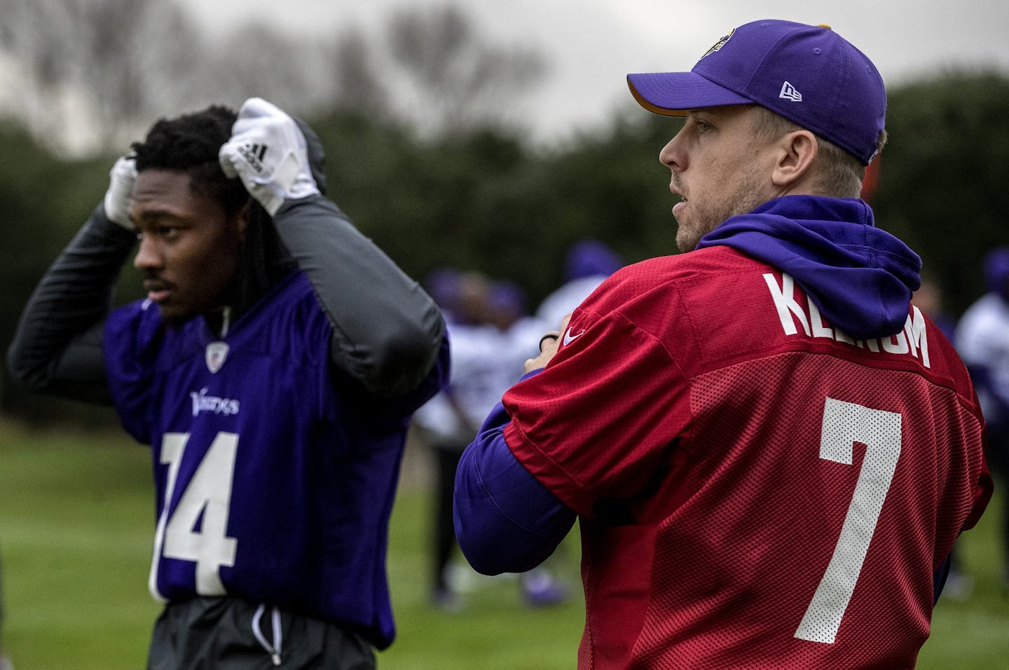 Minnesota Vikings receiver Stefon Diggs (14) and quarterback Case Keenum (7) during practice field at Syon House outside of London in preparation for a game vs. the Cleveland Browns.