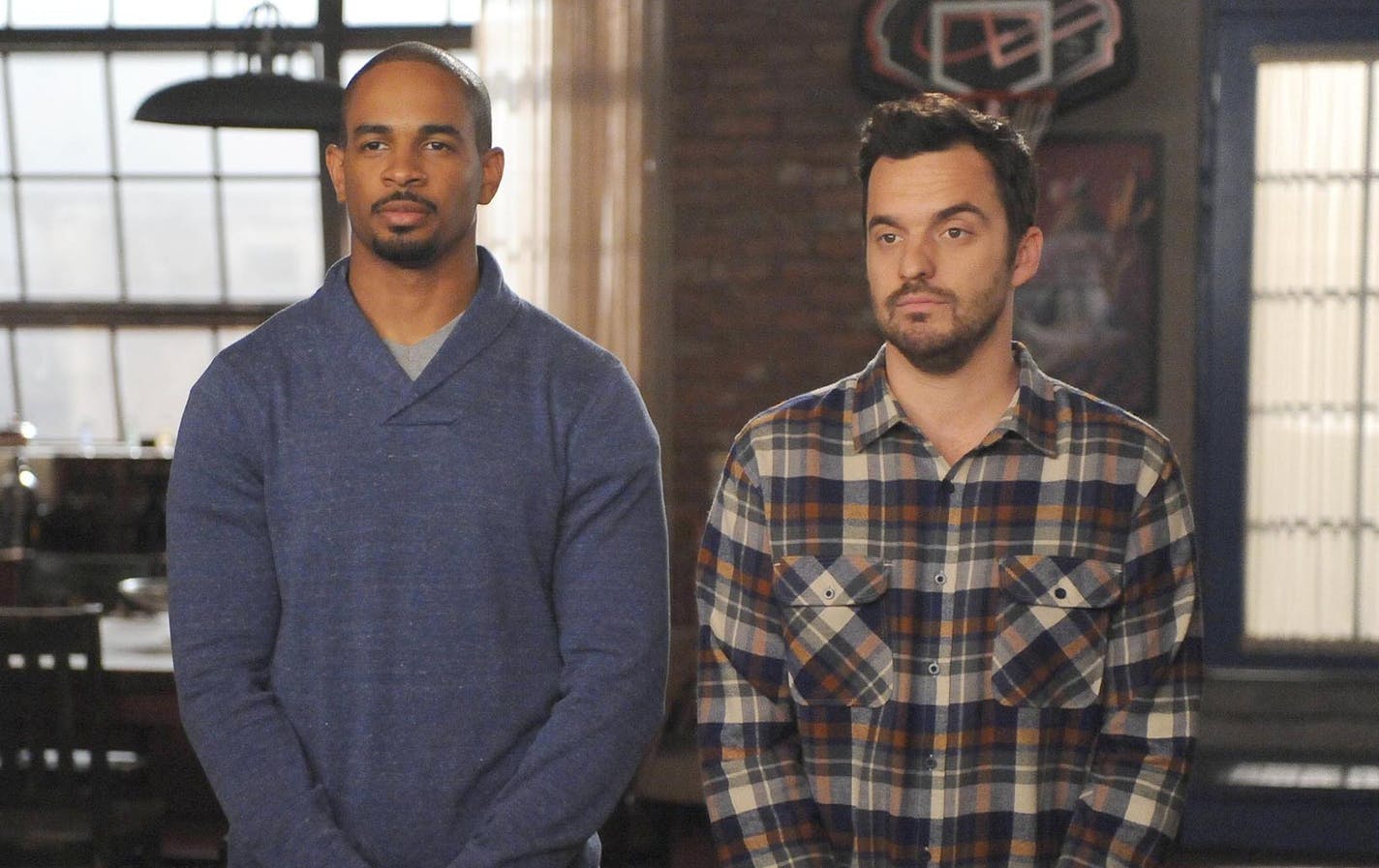 NEW GIRL: Coach (Damon Wayans, Jr., L) has a surprise for the gang in the "Clean Break" season finale episode of NEW GIRL airing Tuesday, May 5 (9:00-9:30 PM ET/PT) on FOX. Also pictured: Jake Johnson, R. &#xa9;2015 Fox Broadcasting Co. Cr: Ray Mickshaw/FOX