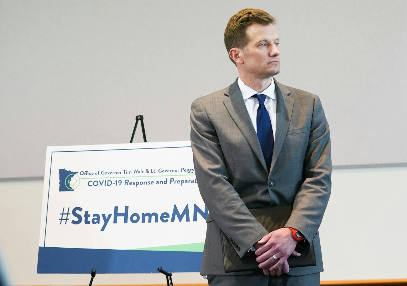 Employment Commissioner Steve Grove listened as Minnesota Governor Tim Walz spoke at a press conference to discuss the state response to COVID-19. Grove is overseeing the unemployment insurance efforts. ] GLEN STUBBE &#x2022; glen.stubbe@startribune.com Wednesday, March 18, 2020 Minnesota Governor Tim Walz spoke at a press conference to discuss the state response to COVID-19 along with MMB Commissioner Myron Frans, Employment Commissioner Steve Grove, Deputy Education Commissioner Heather Muelle