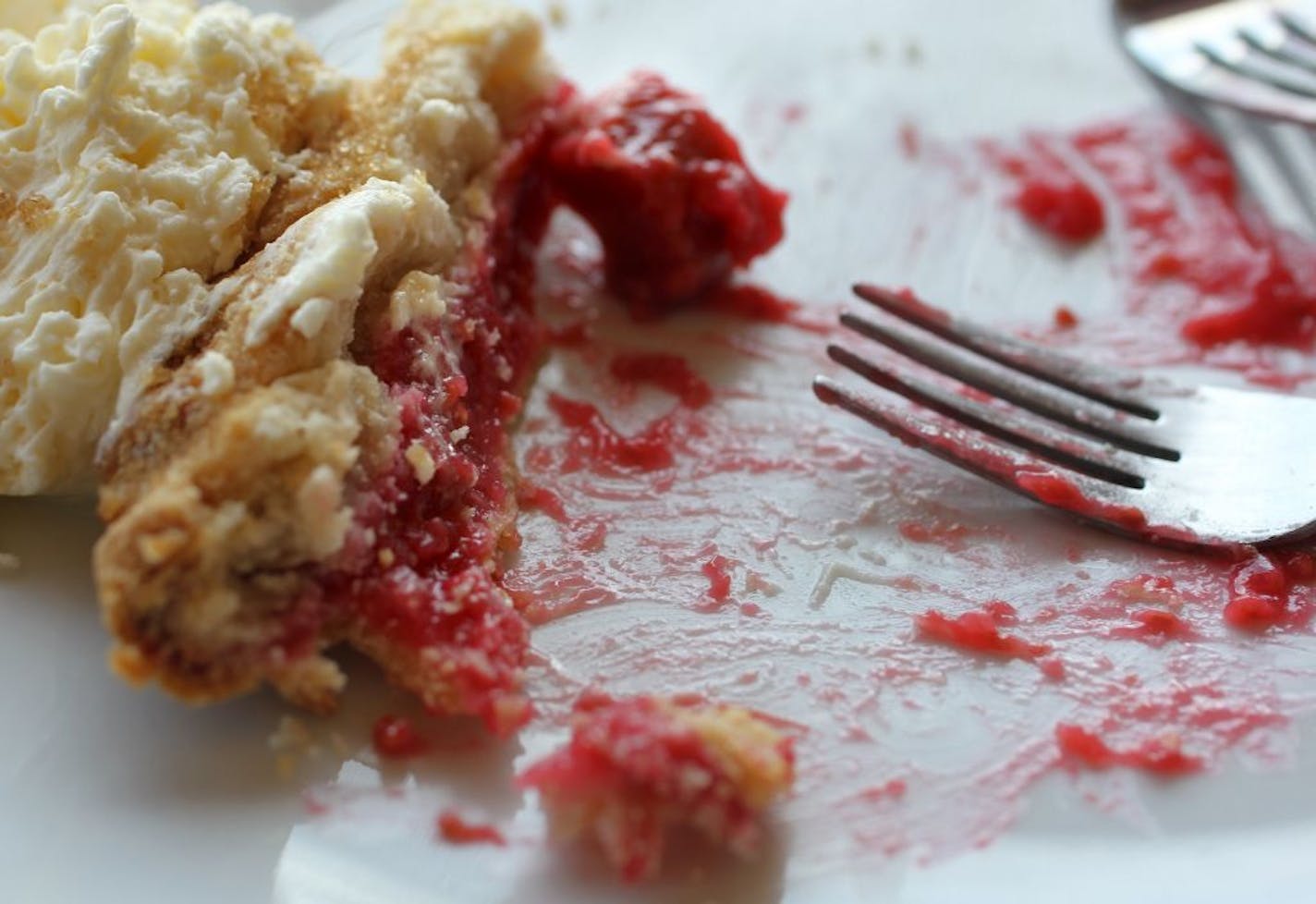 The Scenic Cafe pie crust left on the plate from thier Raspberry rhubrab pie. __Food writer Rick Nelson makes his annual trip to parts of Minnesota we might want to go. This year it's the North Shore, From Duluth to past Grand Maria, which brought us a good mix of people, settings and food, starting in Duluth and headed north as far as the Naniboujou Lodge. [ TOM WALLACE • twallace@startribune.com _ Assignments #20024190A_ June 27, 2011_ SLUG: northshore0712_ EXTRA INFORMATION: