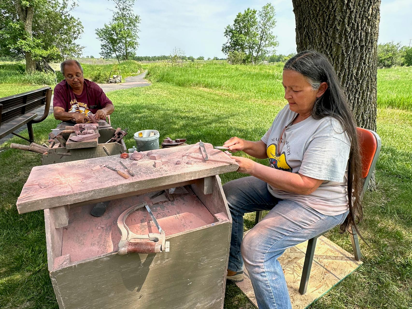 Siblings Mark and Cindy Pederson, members of the Sisseton-Wahpeton Dakota, are third-generation carvers at Pipestone National Monument.