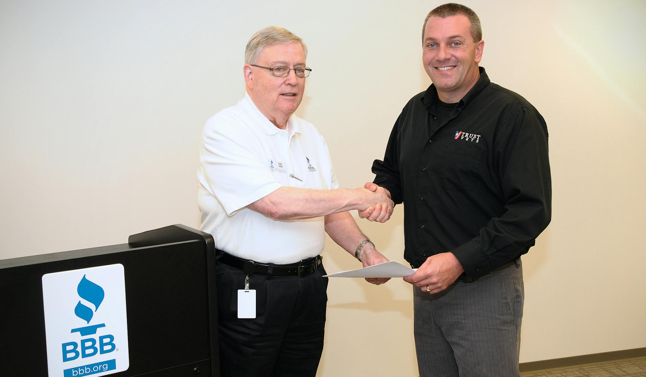 Earl Farr and Joe Johnson mark the partnership between BBB and Trust Vets.