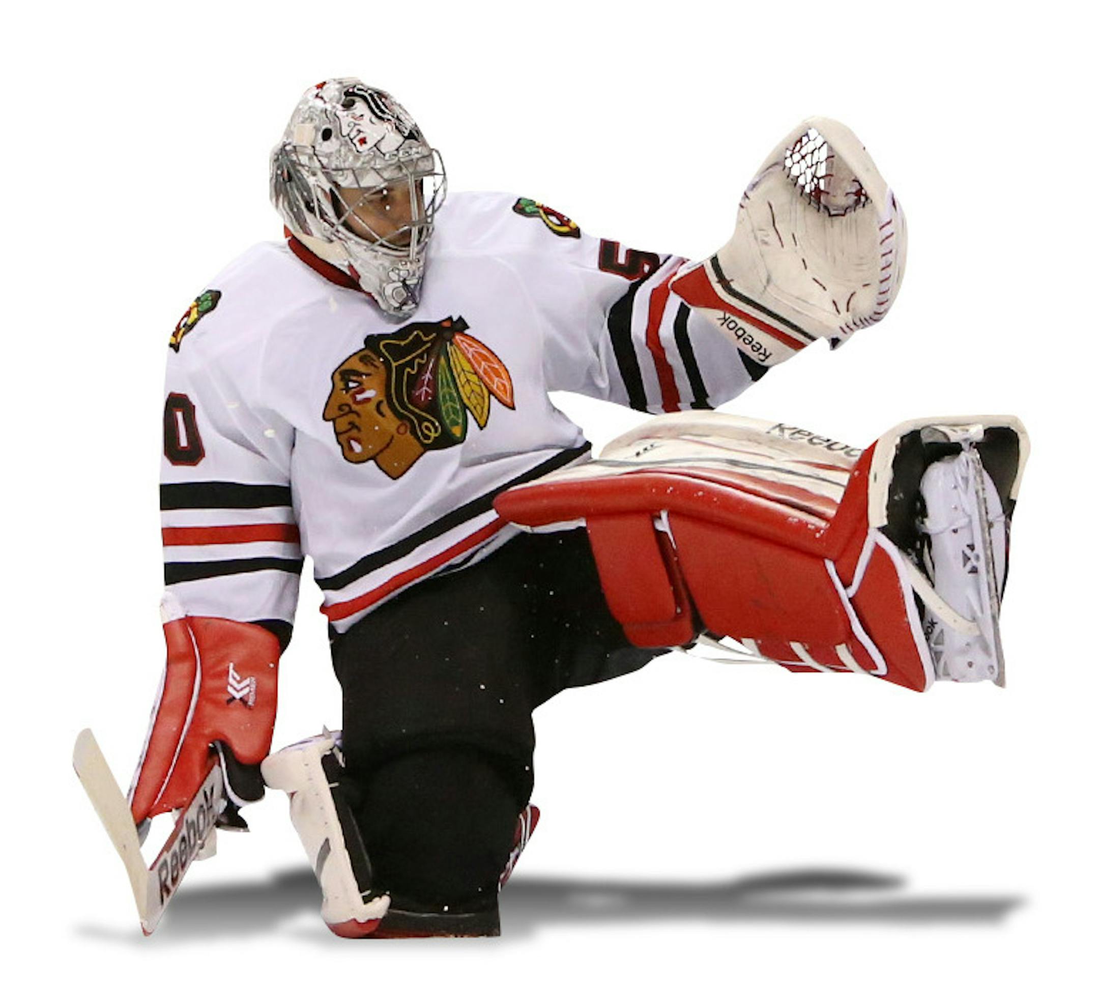 St. Louis Blues defenseman Alex Pietrangelo scores past Chicago Blackhawks goaltender Corey Crawford to tie the game in third period action during Game 5 of a Western Conference quarterfinal playoff game Friday, April 25, 2014, at the Scottrade Center in St. Louis. (AP Photo/The St. Louis Post-Dispatch, Chris Lee) ORG XMIT: MIN2014050116280972