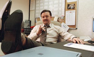 Ricky Gervais, who co-created the TV show, stars as misguided manager David Brent in the BBC series The Office. ORG XMIT: MIN2013040917550895