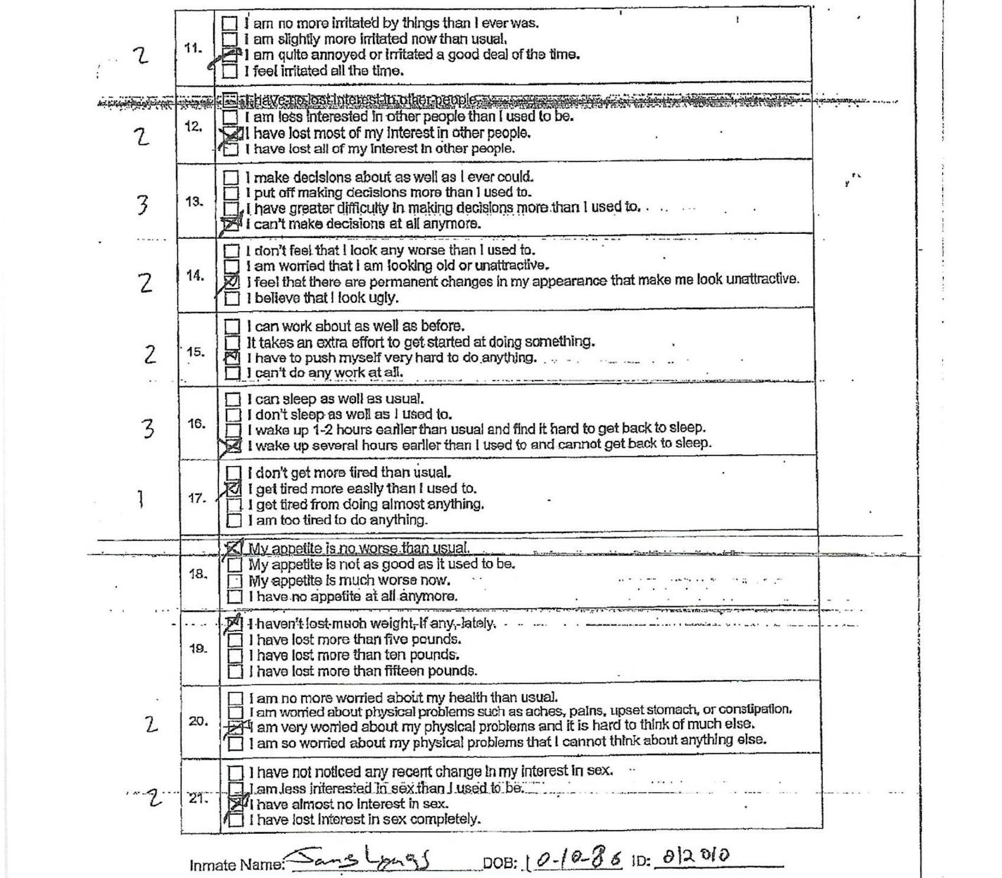 A survey James Lynas filled out at the Sherburne County Jail after his DWI arrest in 2017 shows he exhibited signs of serious depression.