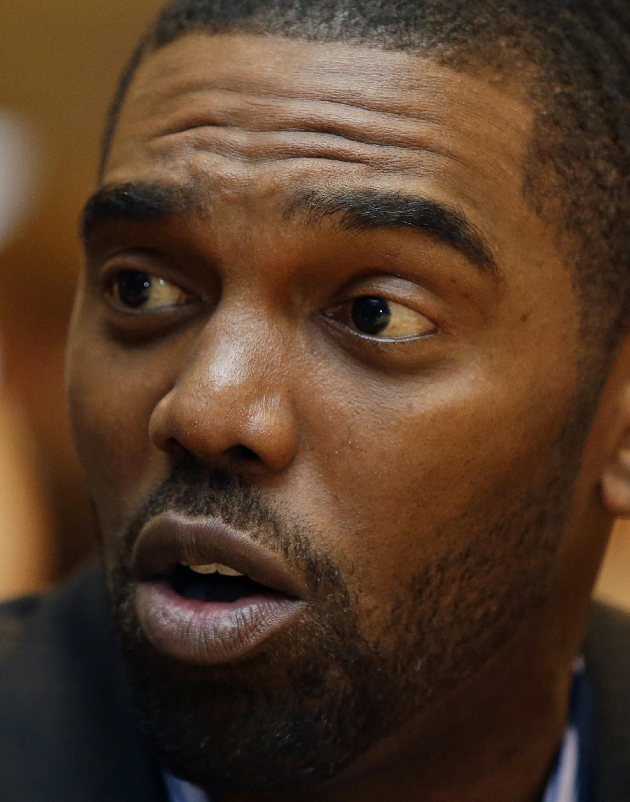 Randy Moss speaks during an interview at the NFL Super Bowl XLVIII media center, Tuesday, Jan. 28, 2014, in New York. (AP Photo/Matt Slocum) ORG XMIT: OTKMS251