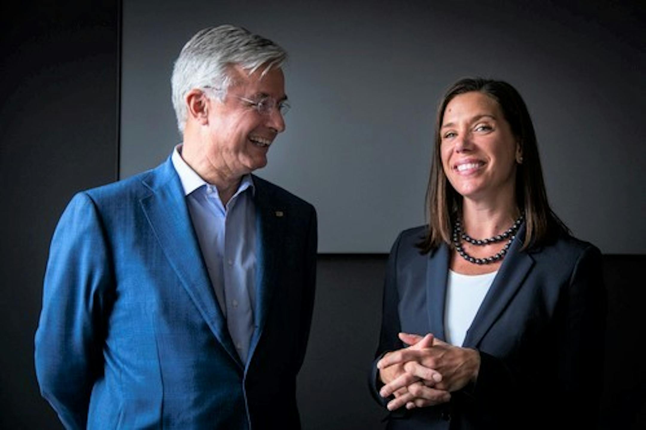 Corie Barry, right, current CFO, who was just named CEO of Best Buy, poses with current CEO Hubert Joly who will become executive chairman. ] LEILA NAVIDI ¥ leila.navidi@startribune.com