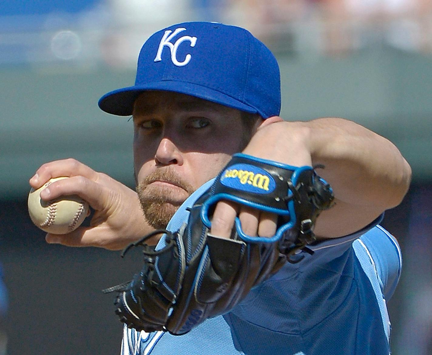 Kansas City Royals relief pitcher Greg Holland (56) closes out the ninth inning against the Minnesota Twins at Kauffman Stadium in Kansas City, Saturday, April 19, 2014. The Royals defeated the Twins, 5-4. (John Sleezer/Kansas City Star/MCT) ORG XMIT: 1151912