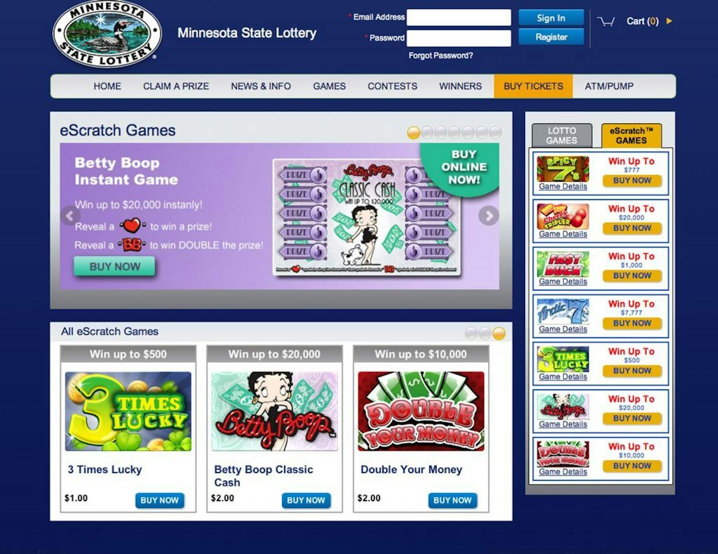 FILE - This file screen shot made March 13, 2014, shows the Minnesota State Lottery website, which features eScratch Games. Members of the state legislator were told Tuesday, April 22, that legislation demanding that the Minnesota Lottery abandon the instant-play and draw game tickets sold over the Internet could deprive accounts that pay for park upkeep, wildlife preservation and other environmental projects. The legislation could also leave a hole in the general treasury because of how lottery