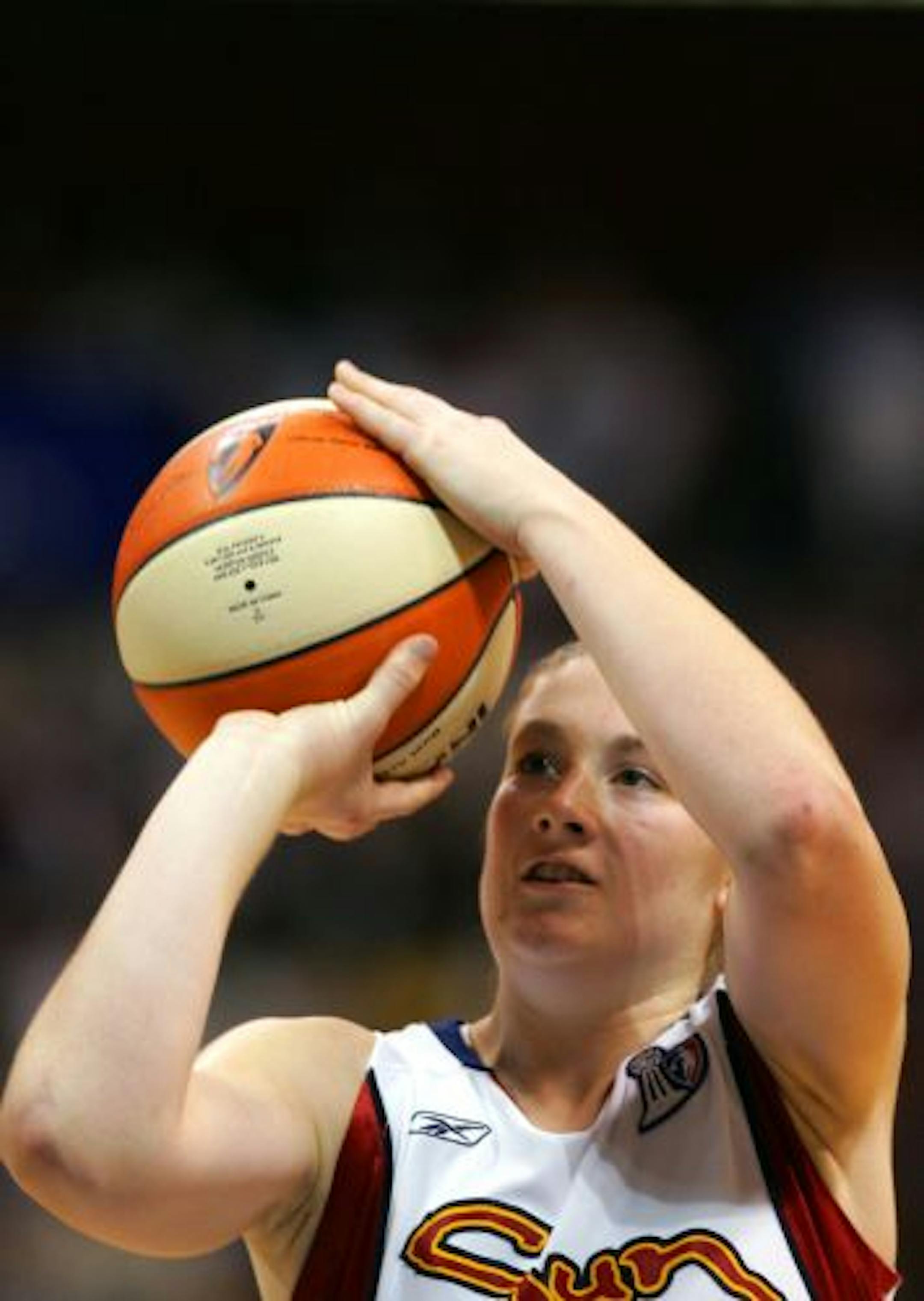 UNCASVILLE, CT - OCTOBER 8: Lindsay Whalen #13 of the Connecticut Sun shoots a free throw against the Seattle Storm in Game 1 of the WNBA Finals on October 8, 2004 at the Mohegan Sun Arena in Uncasville, Connecticut. The Sun defeated the Storm 68-64.
