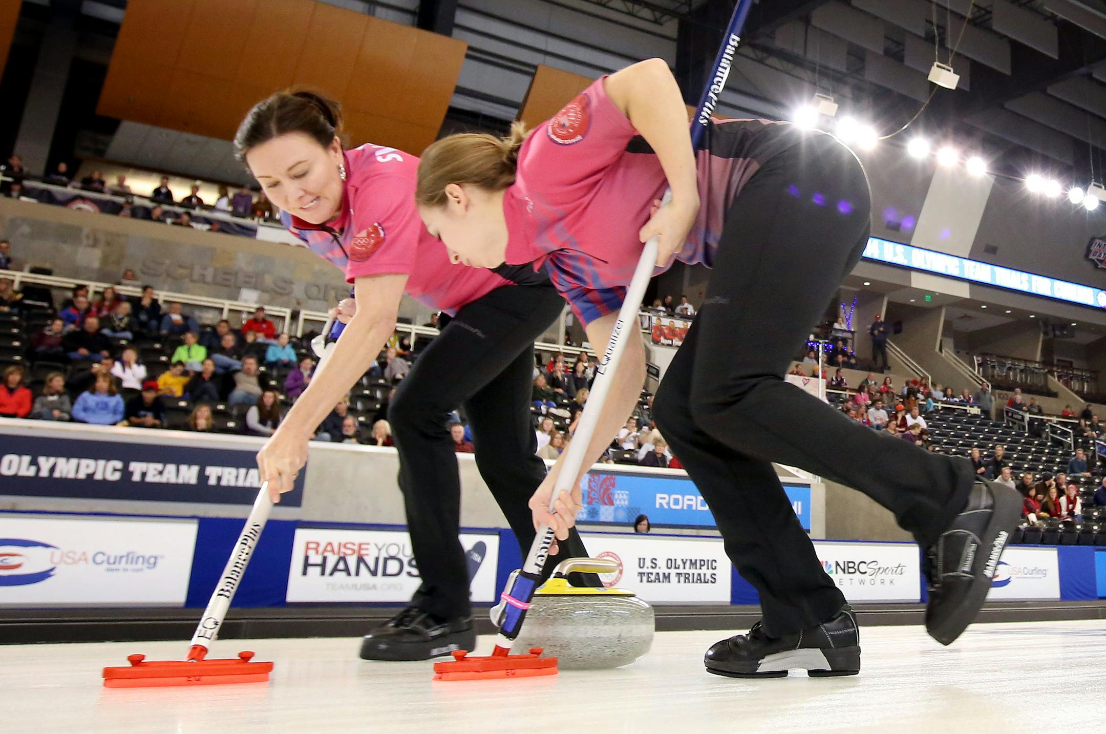 Ann Swisshelm and Jessica Schultz of Team Brown swept during the U.S. Olympic Team Trials for Curling. ] CARLOS GONZALEZ cgonzalez@startribune.com - November 16, 2013, Fargo, ND, Scheels Arena, U.S. Olympic Team Trials for Curling, Road To Sochi ORG XMIT: MIN1311162043452212