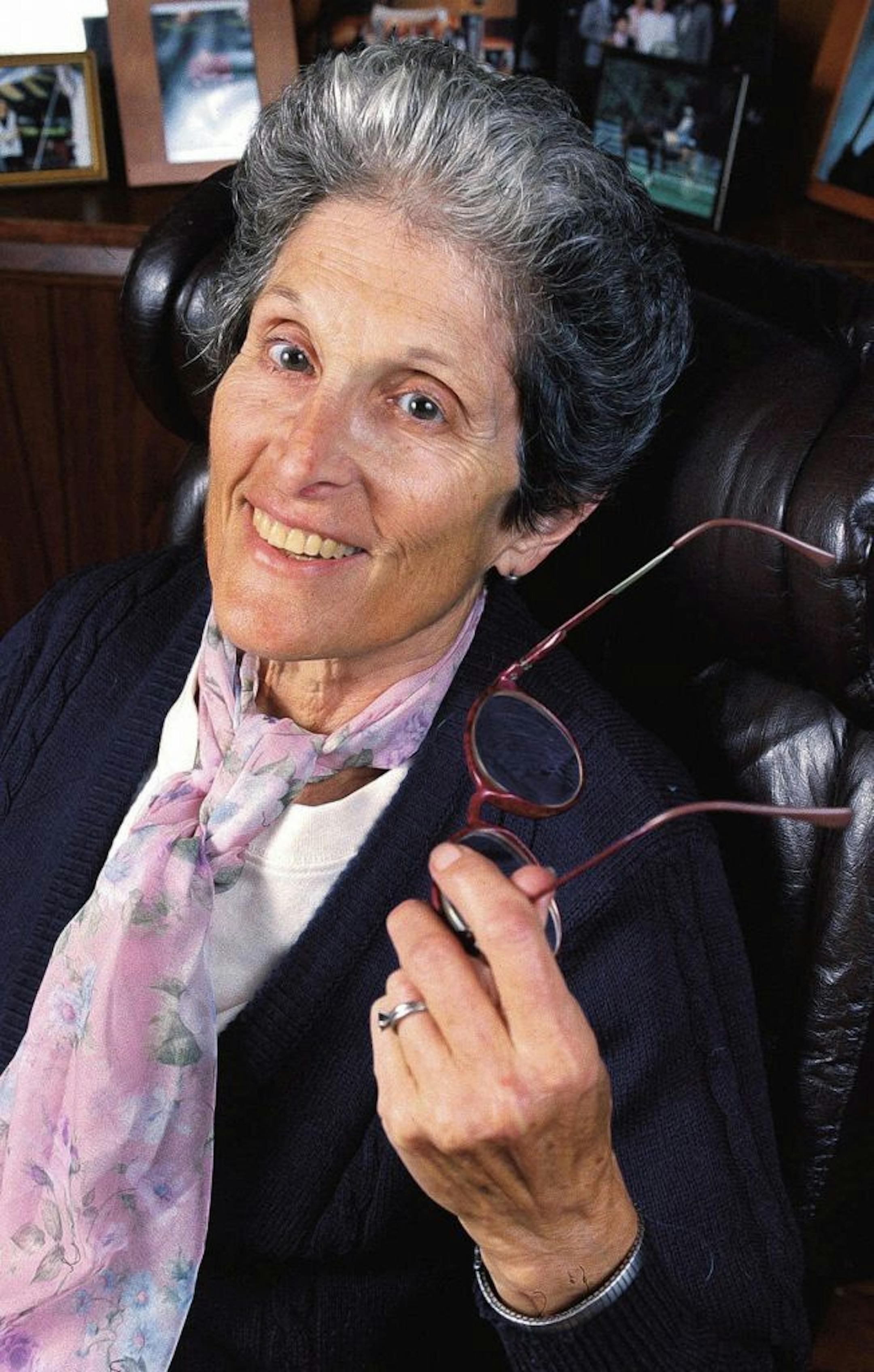 FILE - In this Sept. 21, 1999 file photo, poet Maxine Kumin poses for a photo in Warner, N.H. Kumin, a prolific New England poet and former U.S. poet laureate who won the Pulitzer Prize in 1973 for her work "Up Country," died Thursday, Feb. 6, 2014 at her home in Warner, according to The Bennett Funeral Home in Concord. She was 88.