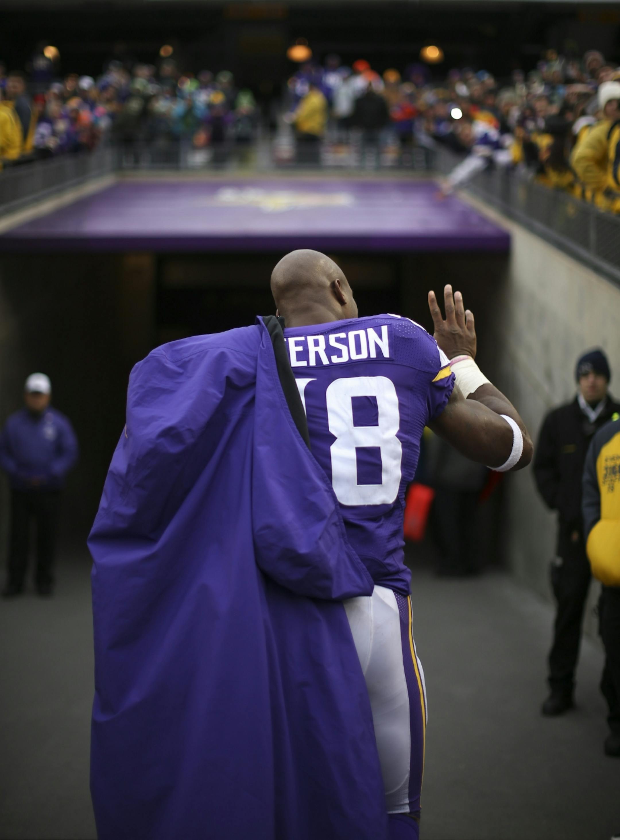 Vikings running back Adrian Peterson walked off the field after the Vikings loss Sunday. He ran for 18 yards on 8 attempts in the loss.