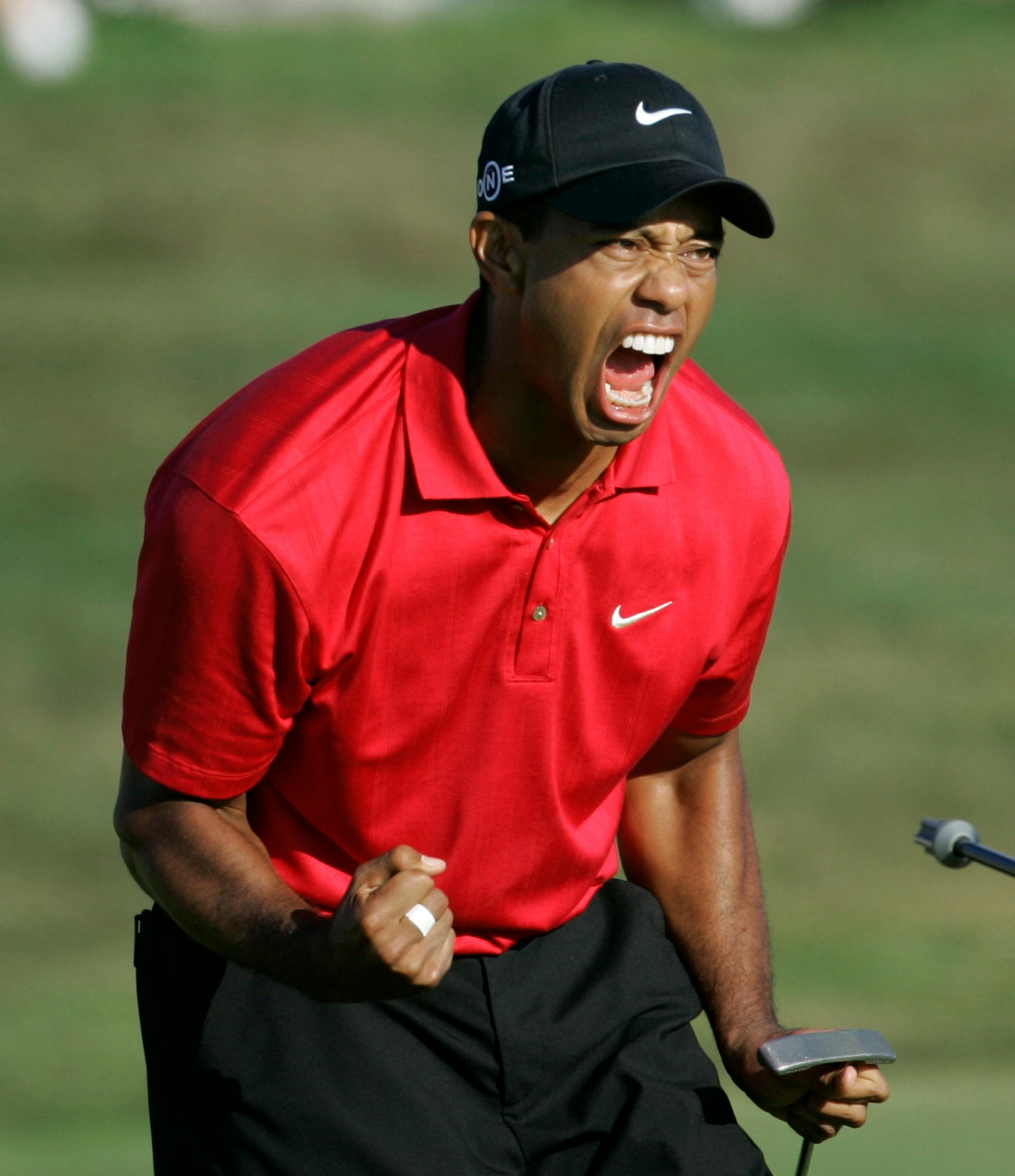 Tiger Woods reacted after sinking a birdie putt on the 18th green forcing a playoff against Rocco Mediate during the fourth round of the U.S. Open championship.