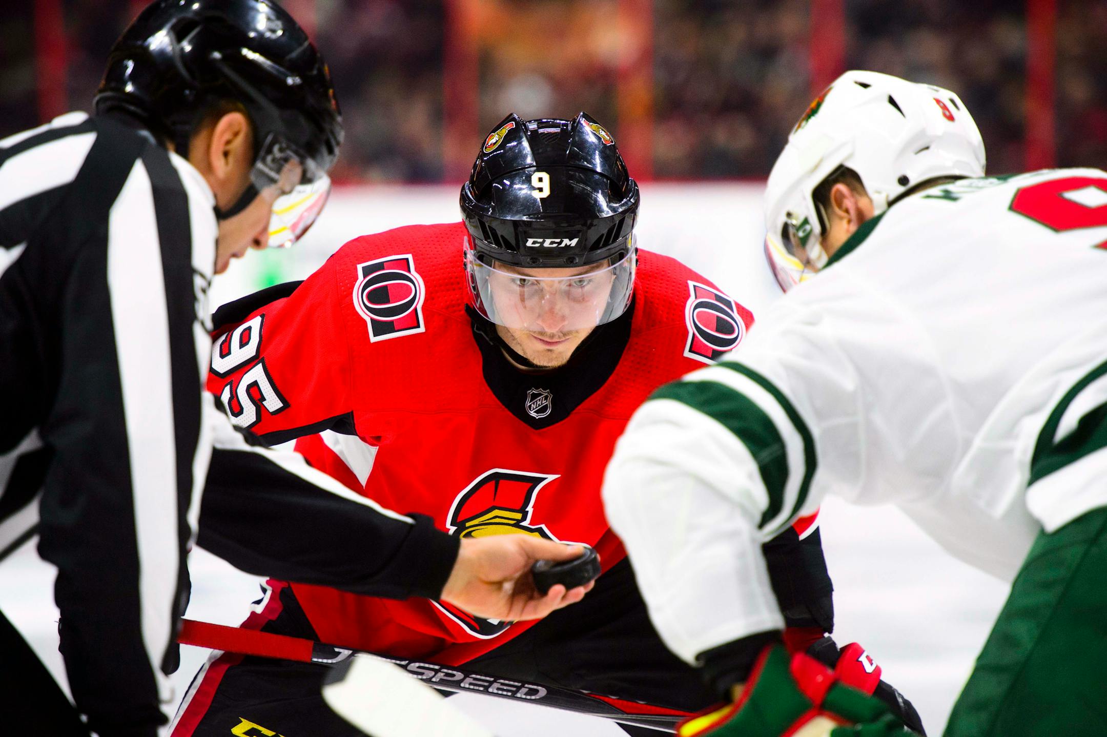 Minnesota Wild's Mikko Koivu, right, faces off against Ottawa Senators' Matt Duchene during second period NHL hockey action in Ottawa on Tuesday, Dec. 19, 2017. (Sean Kilpatrick/The Canadian Press via AP)