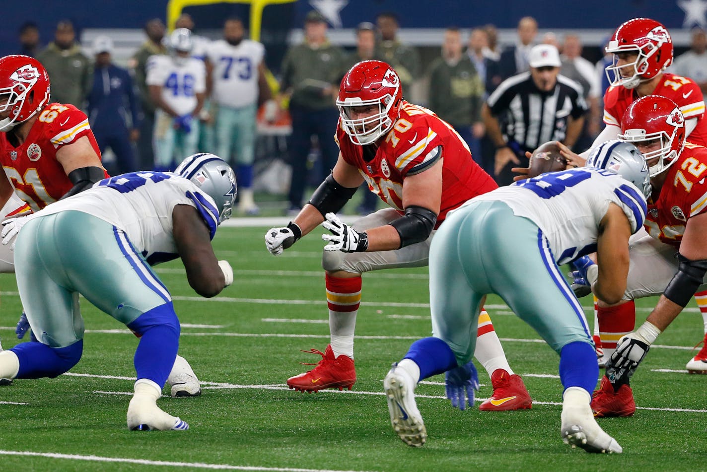 Kansas City Chiefs offensive tackle Bryan Witzmann (70) lines up against the Dallas Cowboys during an NFL football game, Sunday, Nov. 5, 2017, in Arlington, Texas. (AP Photo/Roger Steinman)