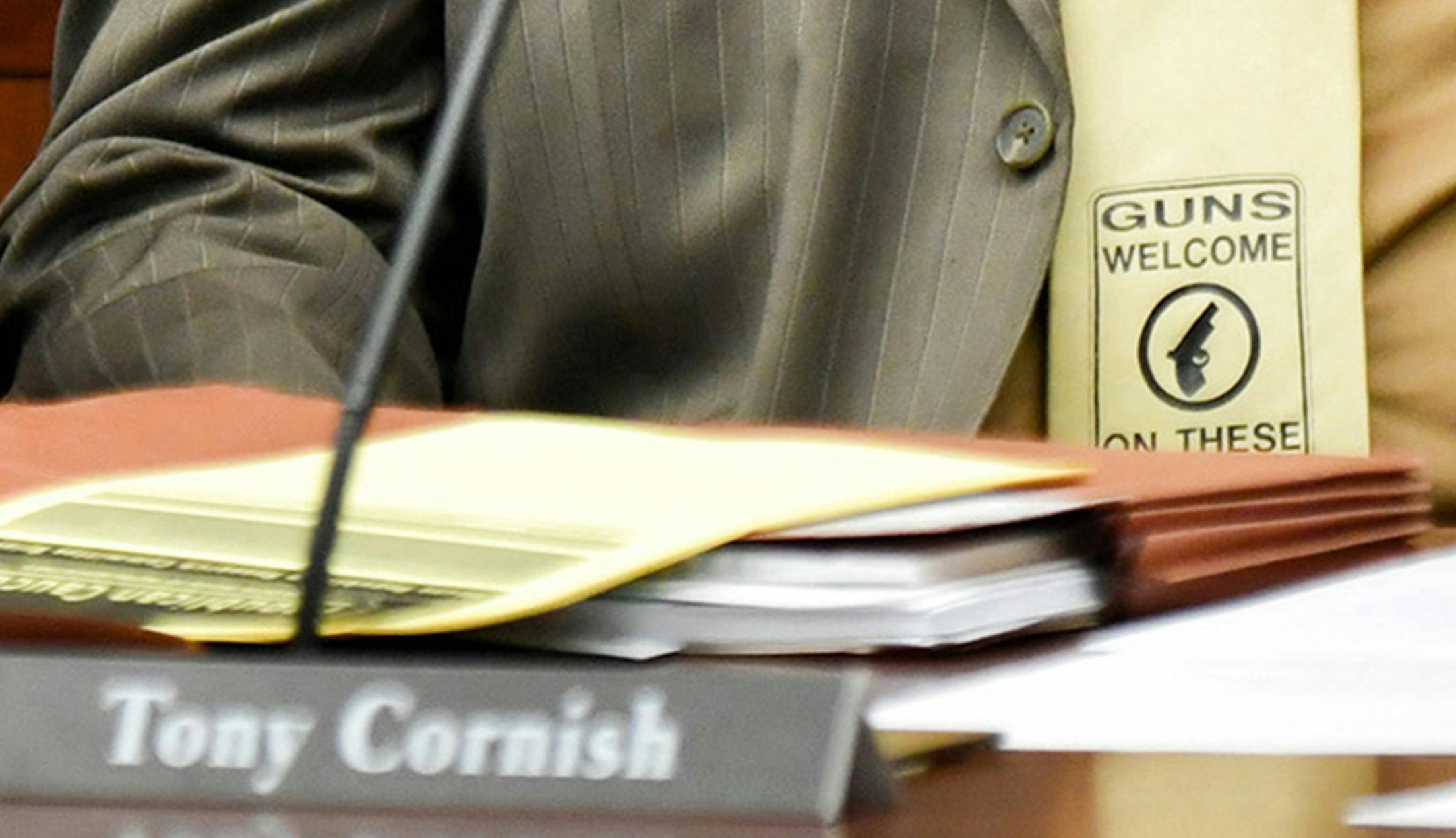 Tony Cornish, R-Vernon Center, House Public Safety and Security Policy and Finance committee. The committee voted to pass HF238, a bill that extended the rights of gun owners also known as the "stand your ground" law. Cornishes tie has the phrase "Guns Welcome on these Premises." ] GLEN STUBBE • glen.stubbe@startribune.com Tuesday, March 28, 2017 The House Public Safety and Security Policy and Finance committee passed HF238, a bill that extended the rights of gun owners also known as the