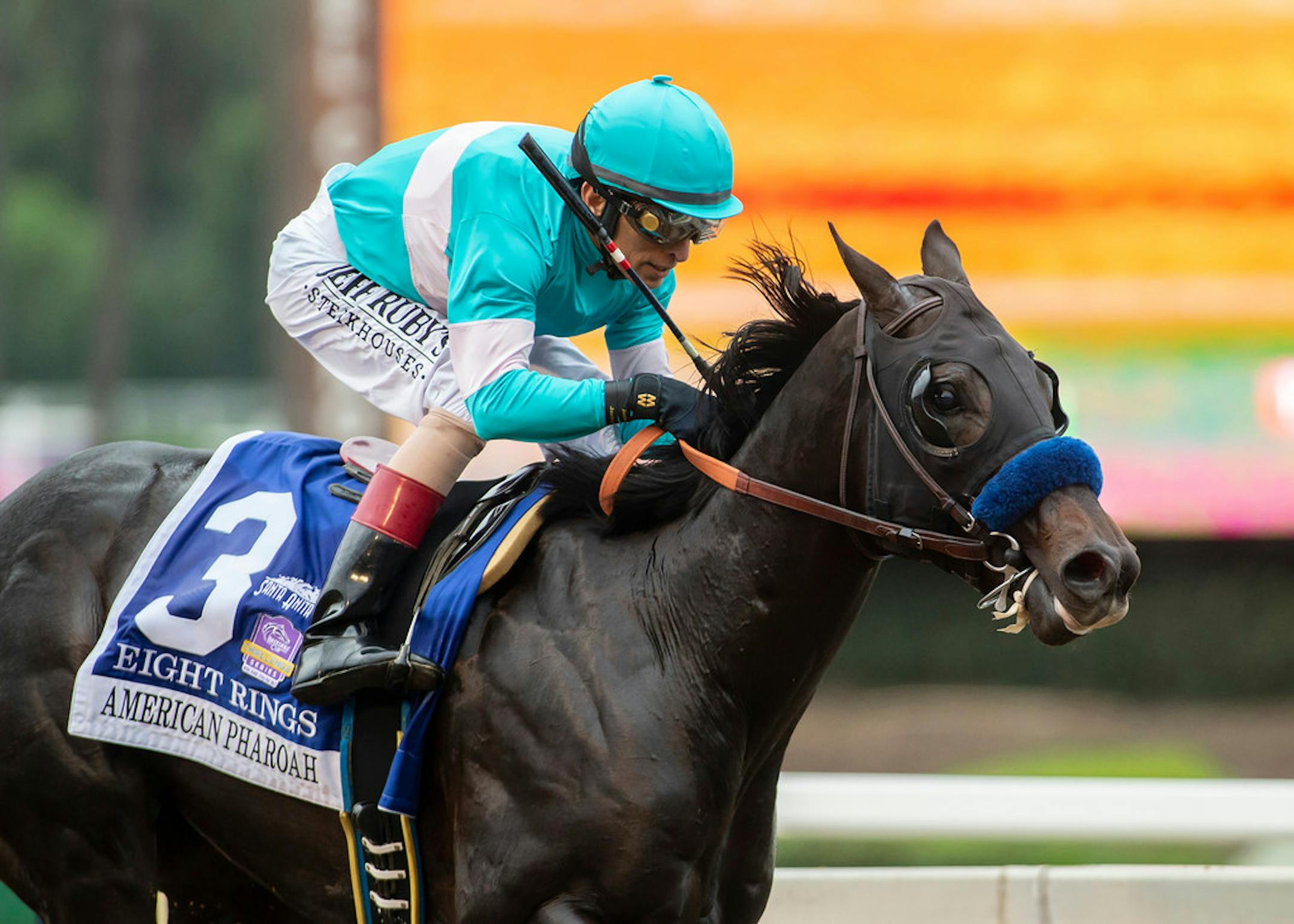 Eight Rings, with John Velazquez aboard, wins the Grade I, $300,000 American Pharoah Stakes horse race Friday, Sept. 27, 2019, at Santa Anita Park.