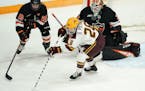 Gophers forward Sarah Potomak (26) tried to turn the puck to get a shot off on Princeton goaltender Steph Neatby